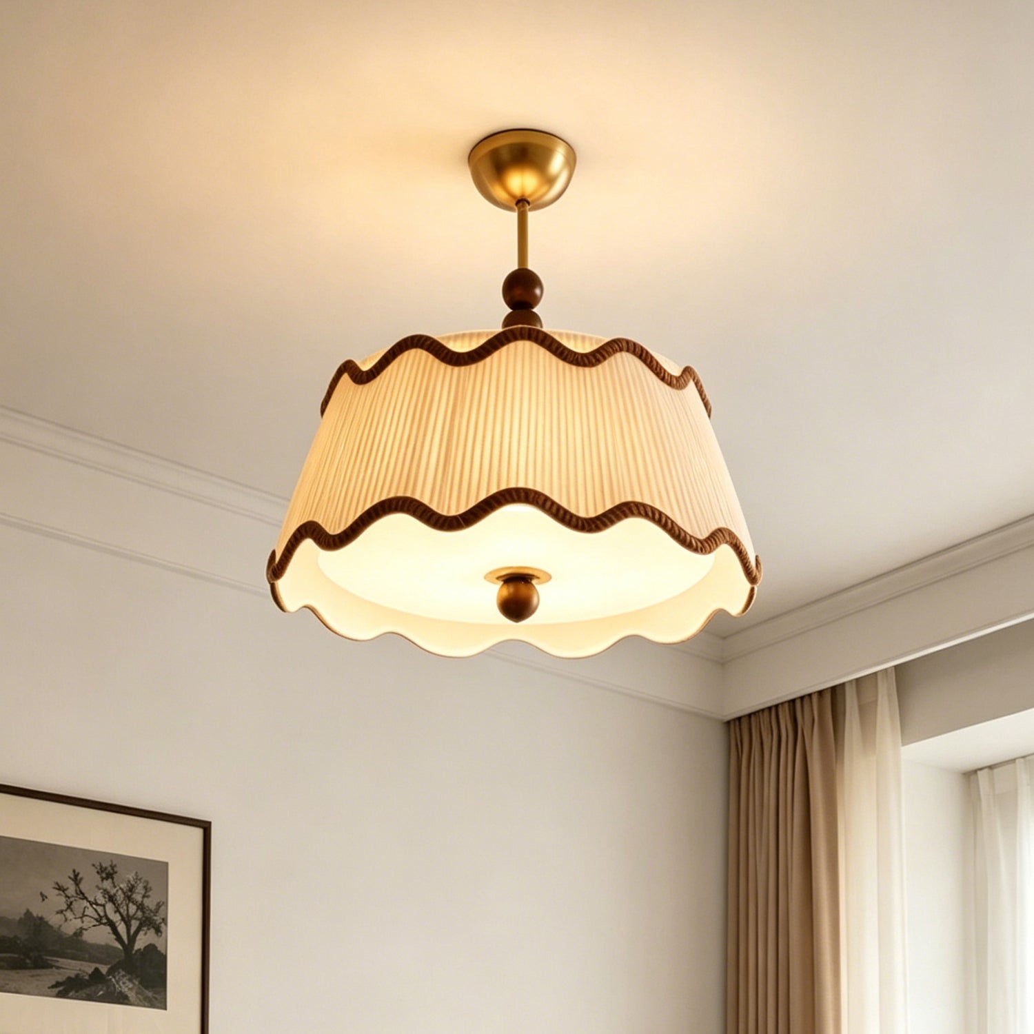 Vintage Cottage Ceiling Light With Pleated Shade And Beaded Wood Details | Temsk