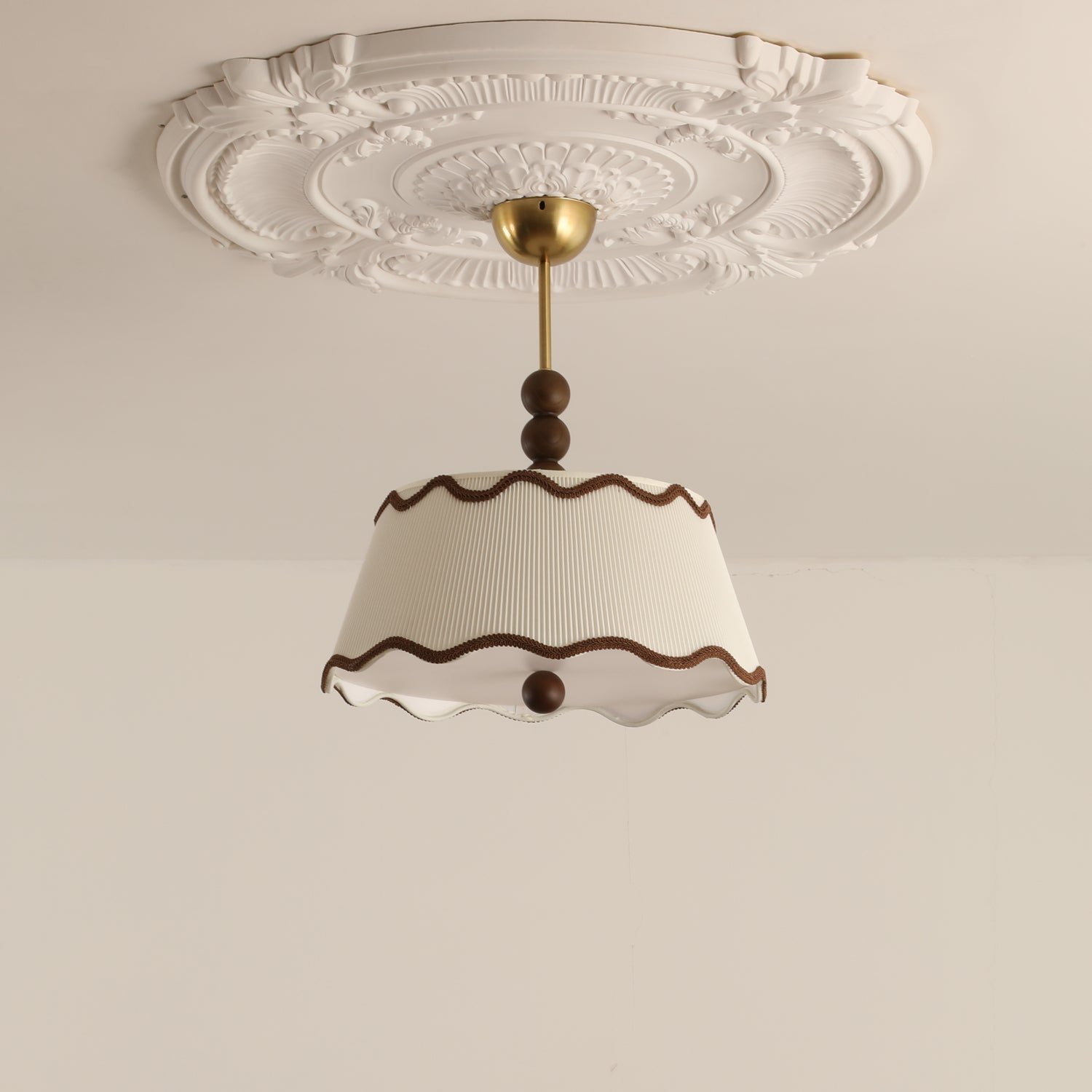 Vintage Cottage Ceiling Light With Pleated Shade And Beaded Wood Details | Temsk