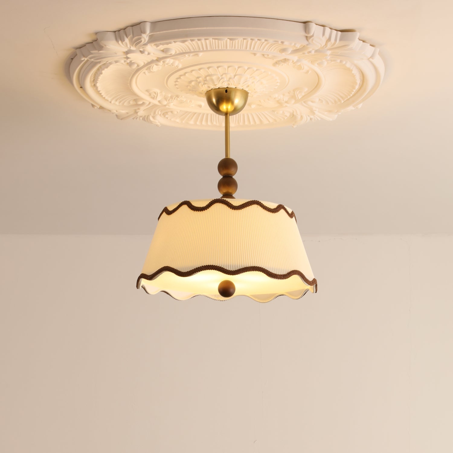 Vintage Cottage Ceiling Light With Pleated Shade And Beaded Wood Details | Temsk