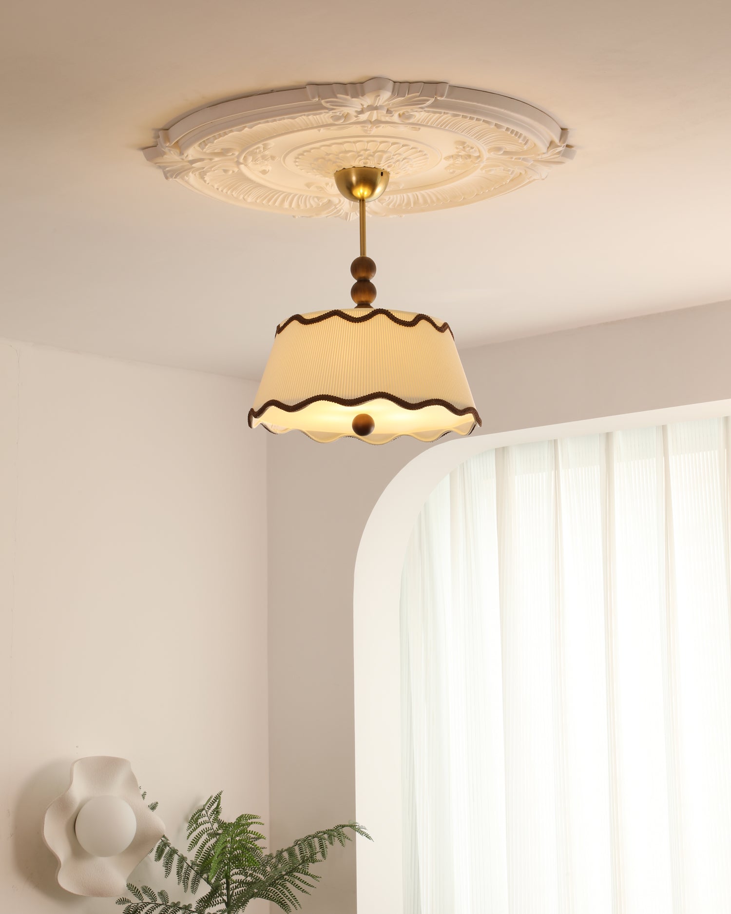 Vintage Cottage Ceiling Light With Pleated Shade And Beaded Wood Details | Temsk