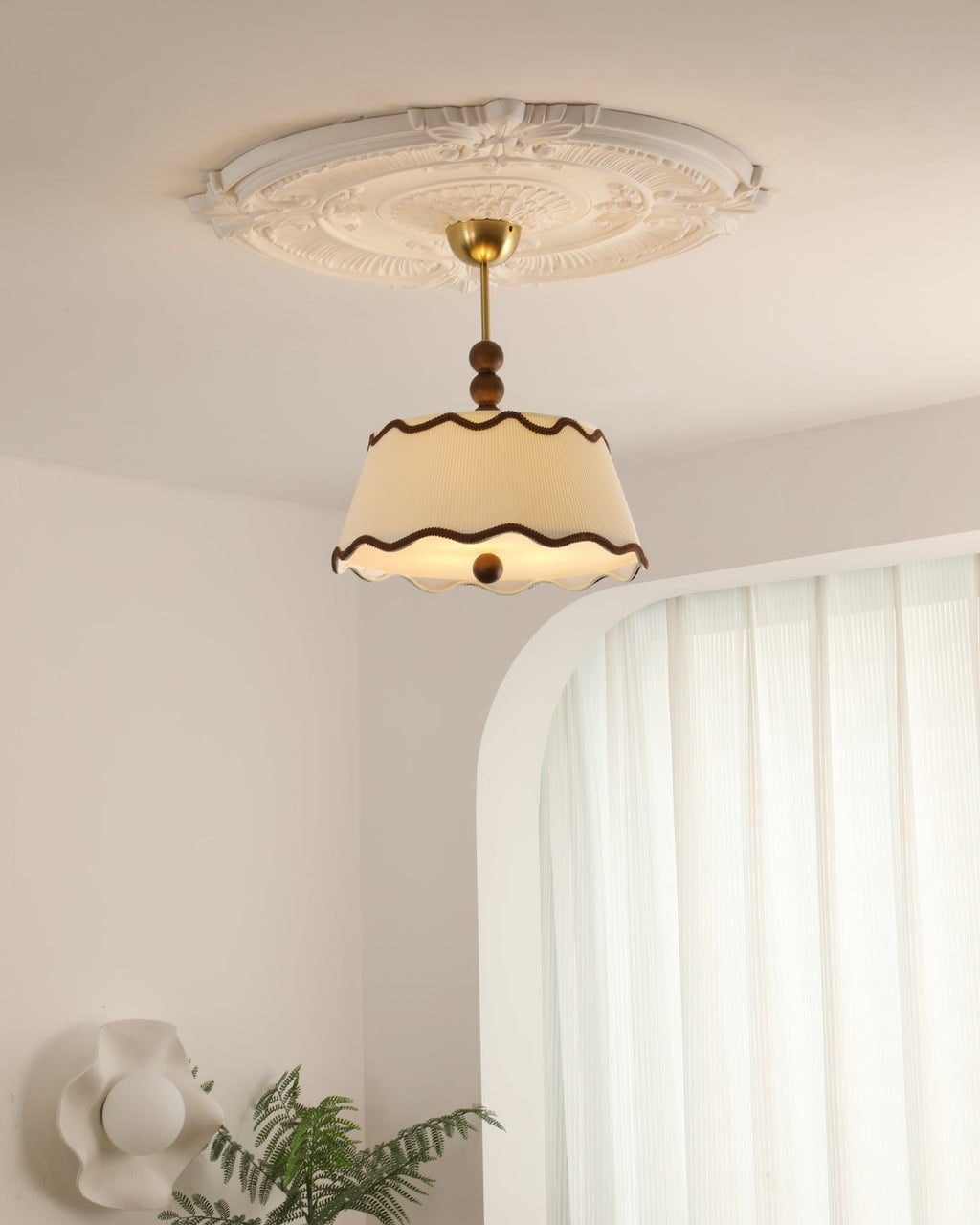 Vintage Cottage Ceiling Light With Pleated Shade And Beaded Wood Details | Temsk