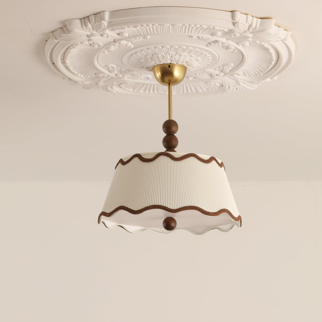 Vintage Cottage Ceiling Light With Pleated Shade And Beaded Wood Details | Temsk