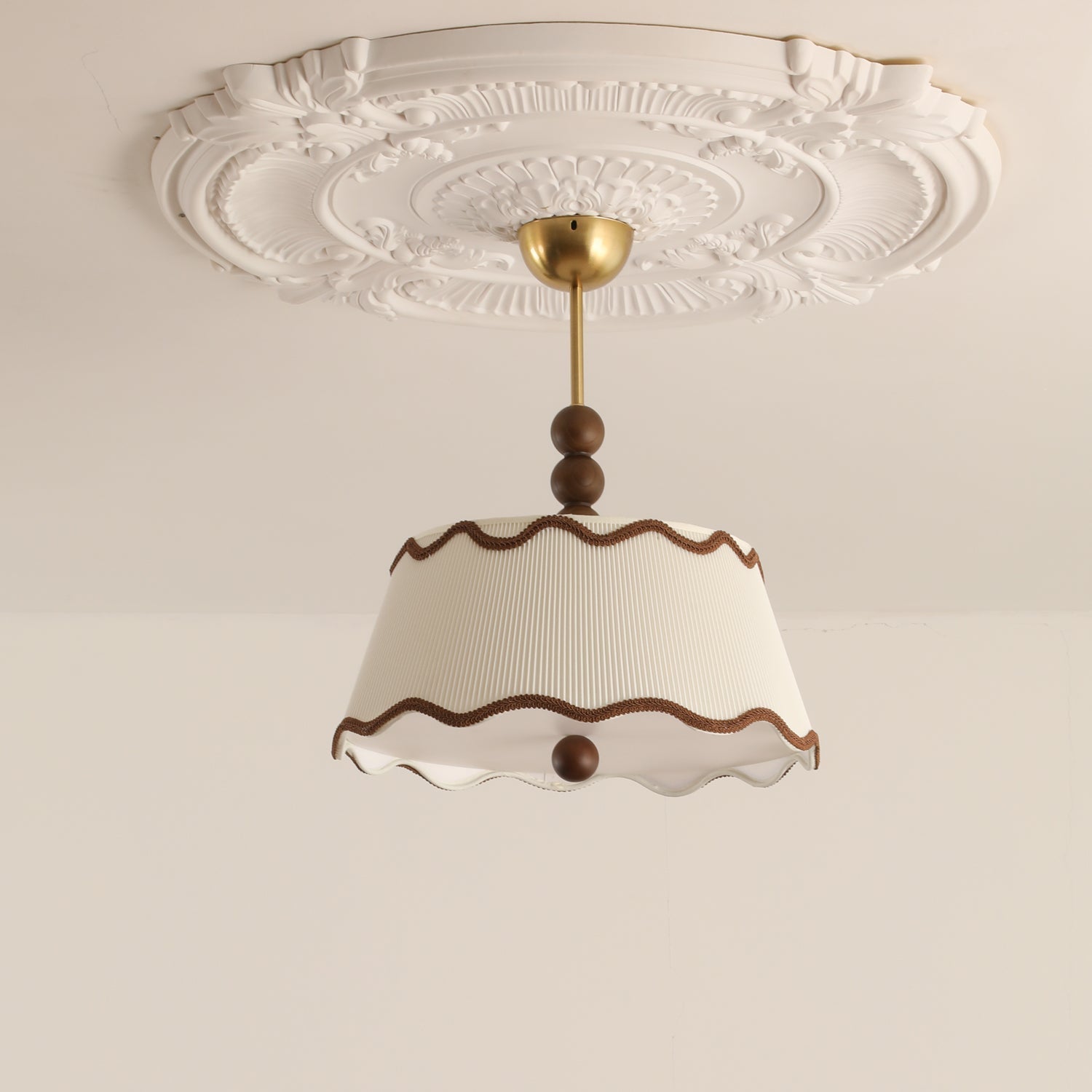 Vintage Cottage Ceiling Light With Pleated Shade And Beaded Wood Details | Temsk