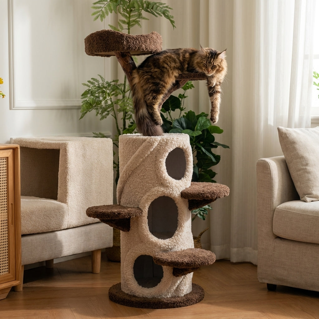 Solid Wood Multi Level Cat Tree With Climbing Platforms And Hideaway In Three Sizes | Temsk