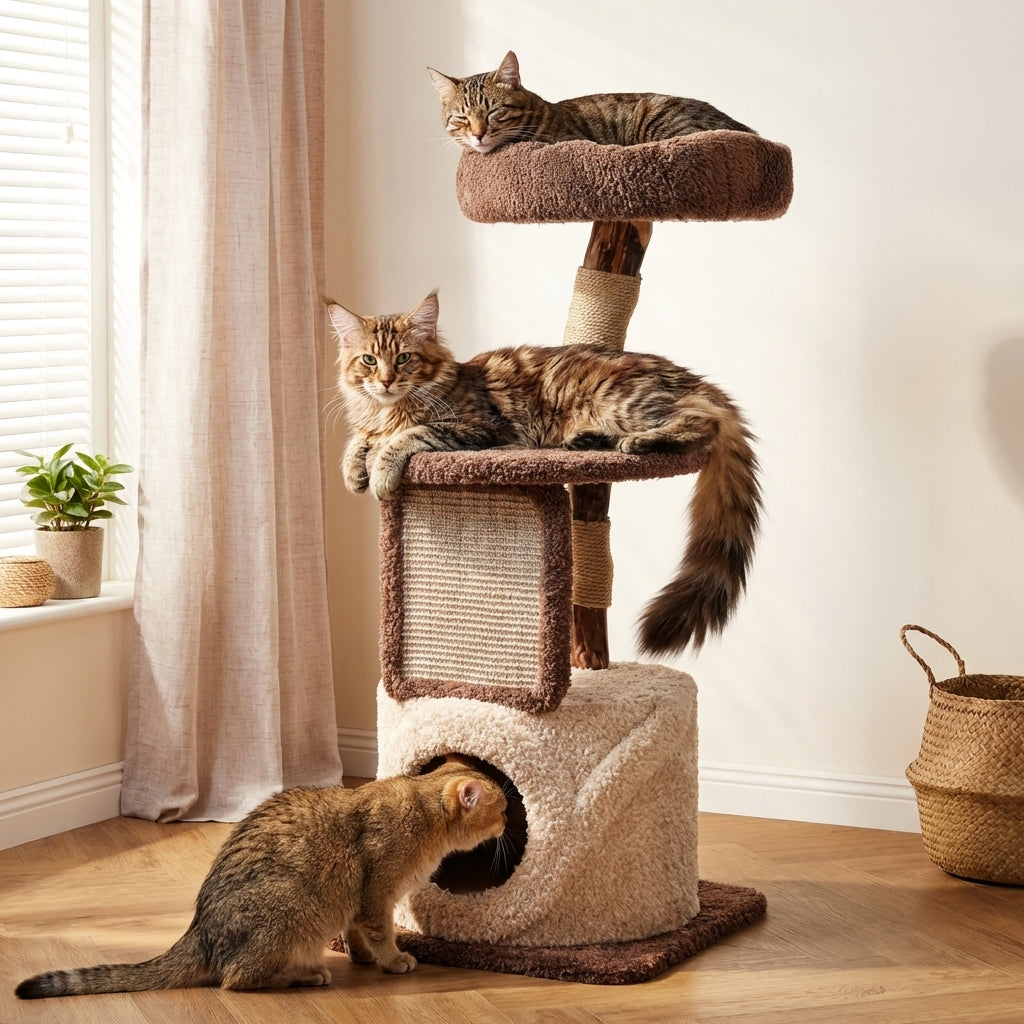Solid Wood Multi Level Cat Tree With Climbing Platforms And Hideaway In Three Sizes | Temsk