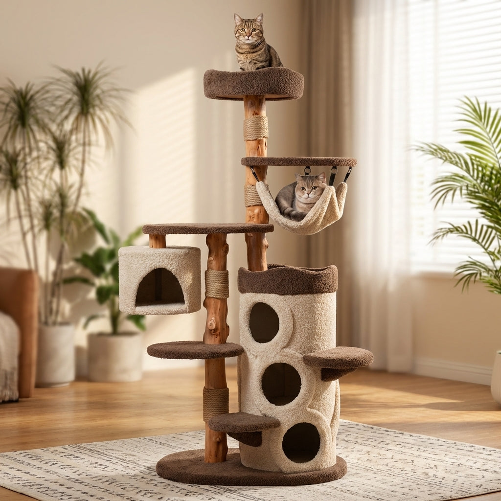 Solid Wood Multi Level Cat Tree With Climbing Platforms And Hideaway In Three Sizes | Temsk