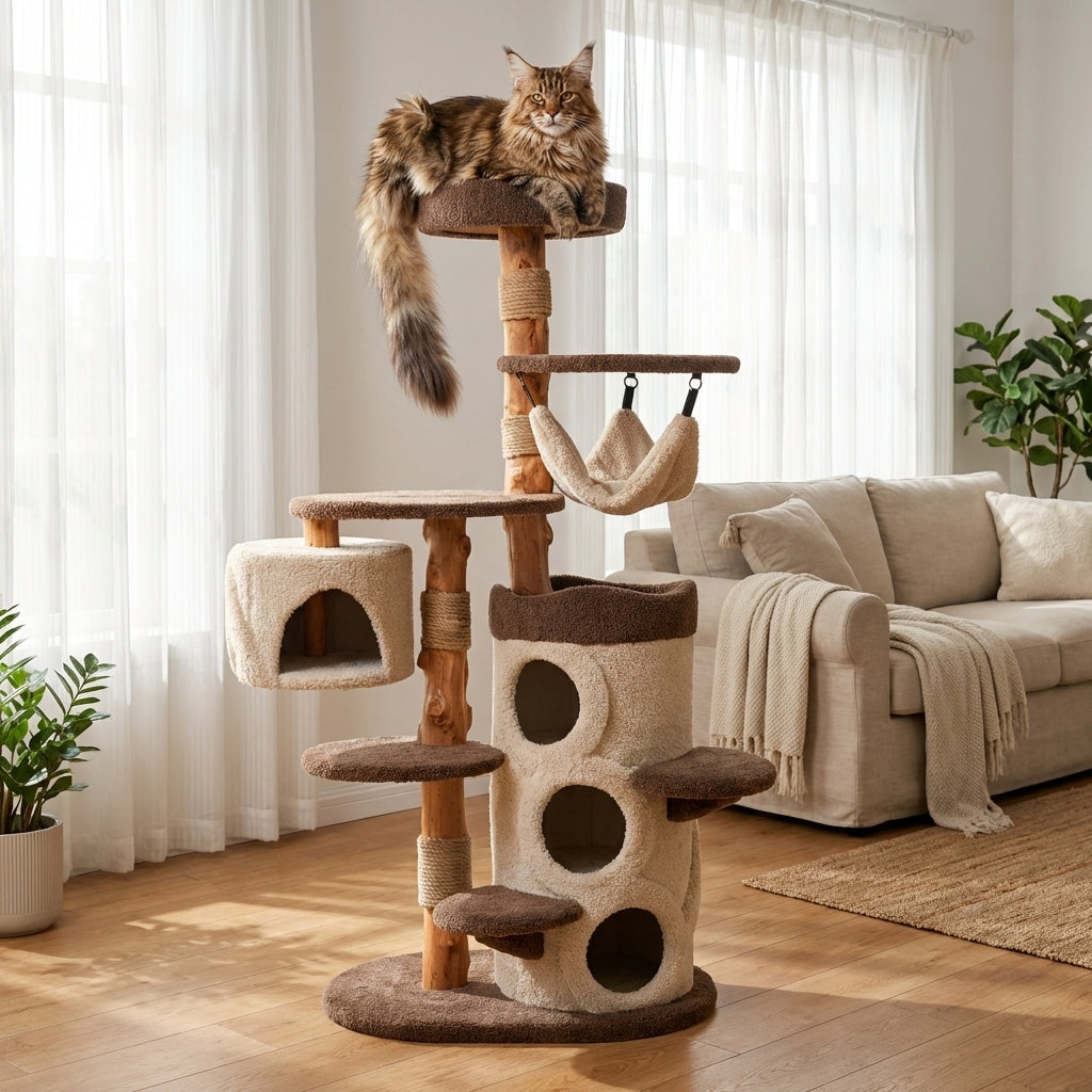 Solid Wood Multi Level Cat Tree With Climbing Platforms And Hideaway In Three Sizes | Temsk