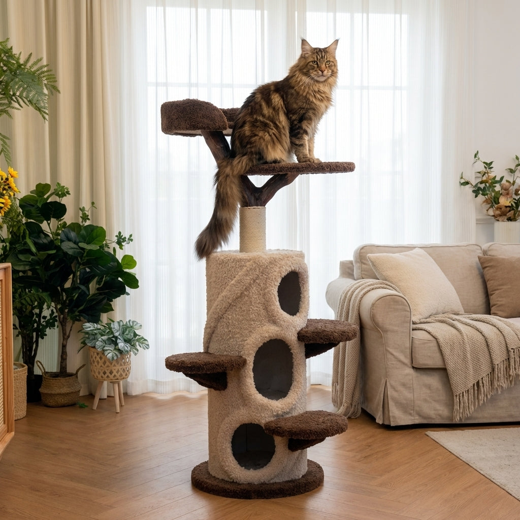 Solid Wood Multi Level Cat Tree With Climbing Platforms And Hideaway In Three Sizes | Temsk