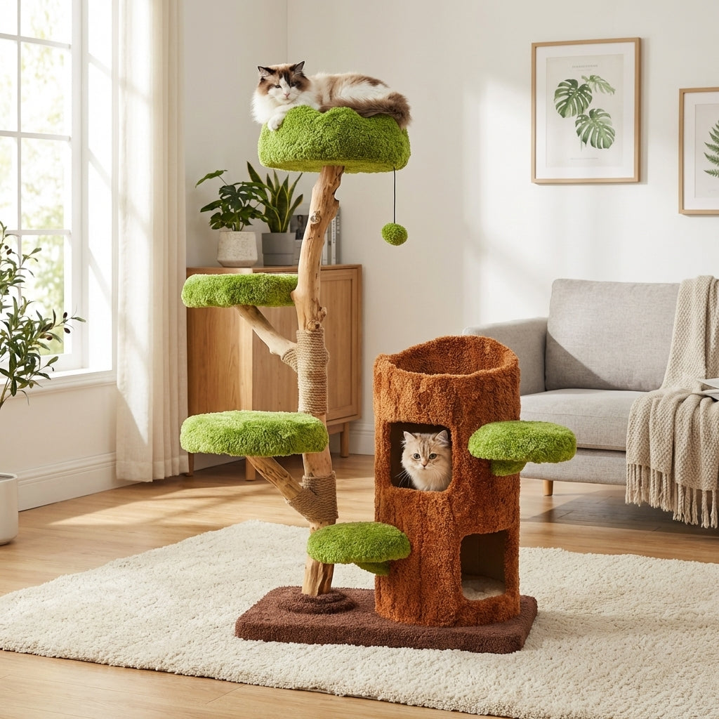 Multi-Level Cat Tree With Scratching Post And Plush Perches, Solid Wood And Sisal | Temsk