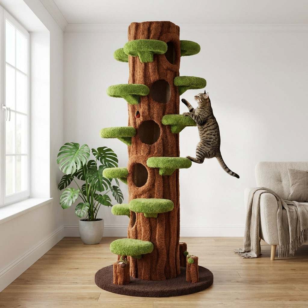 Multi-Level Cat Tree With Scratching Post And Plush Perches, Solid Wood And Sisal | Temsk