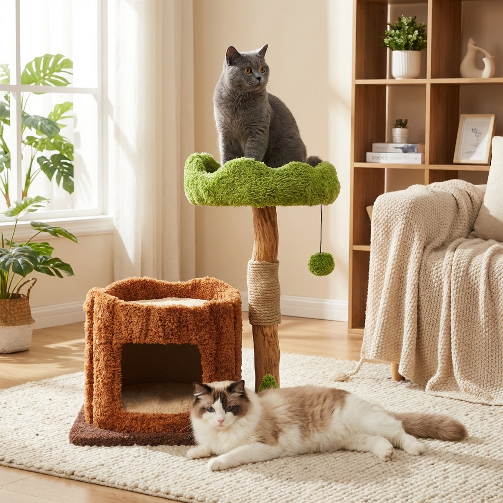 Multi-Level Cat Tree With Scratching Post And Plush Perches, Solid Wood And Sisal | Temsk