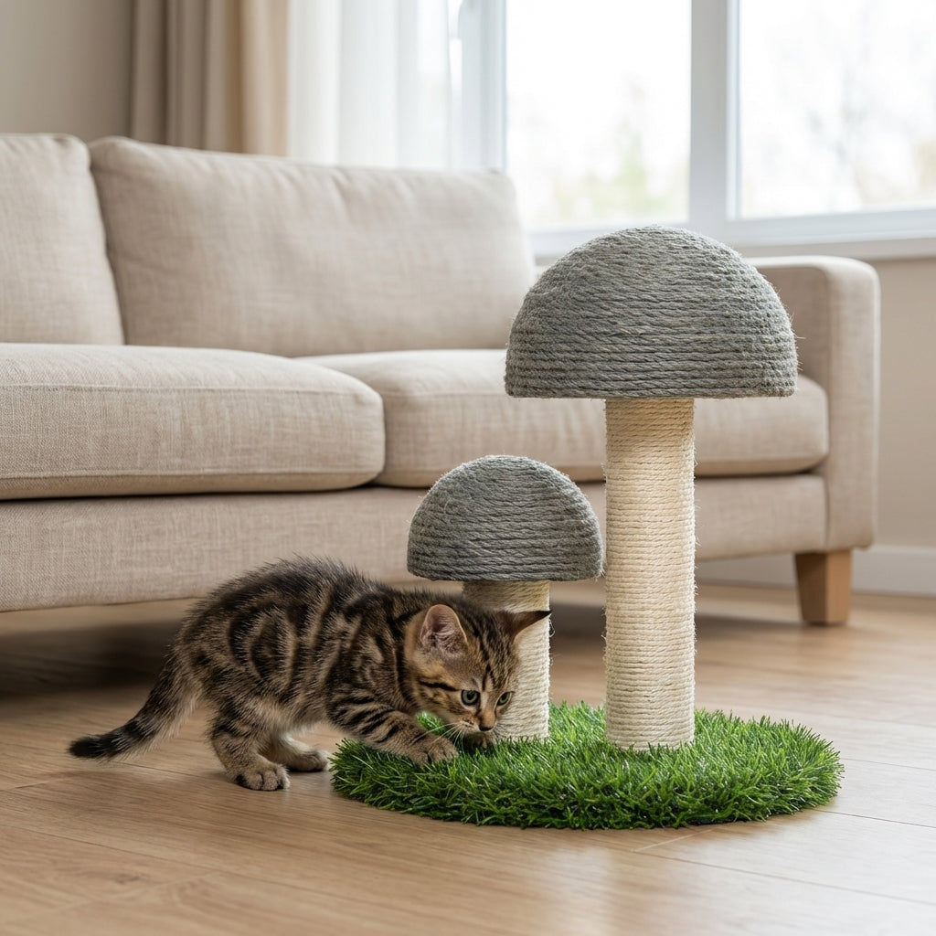 Pilzförmige Sisal-Kratzbäume mit künstlicher Grasbasis, 2er-Set | Temsk