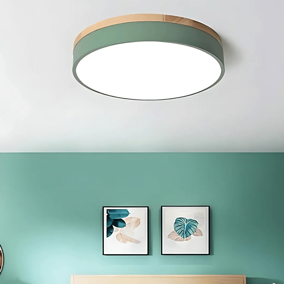 SylvaLume LED Ceiling Lamp With Natural Wood Grain And Green Accent | Temsk