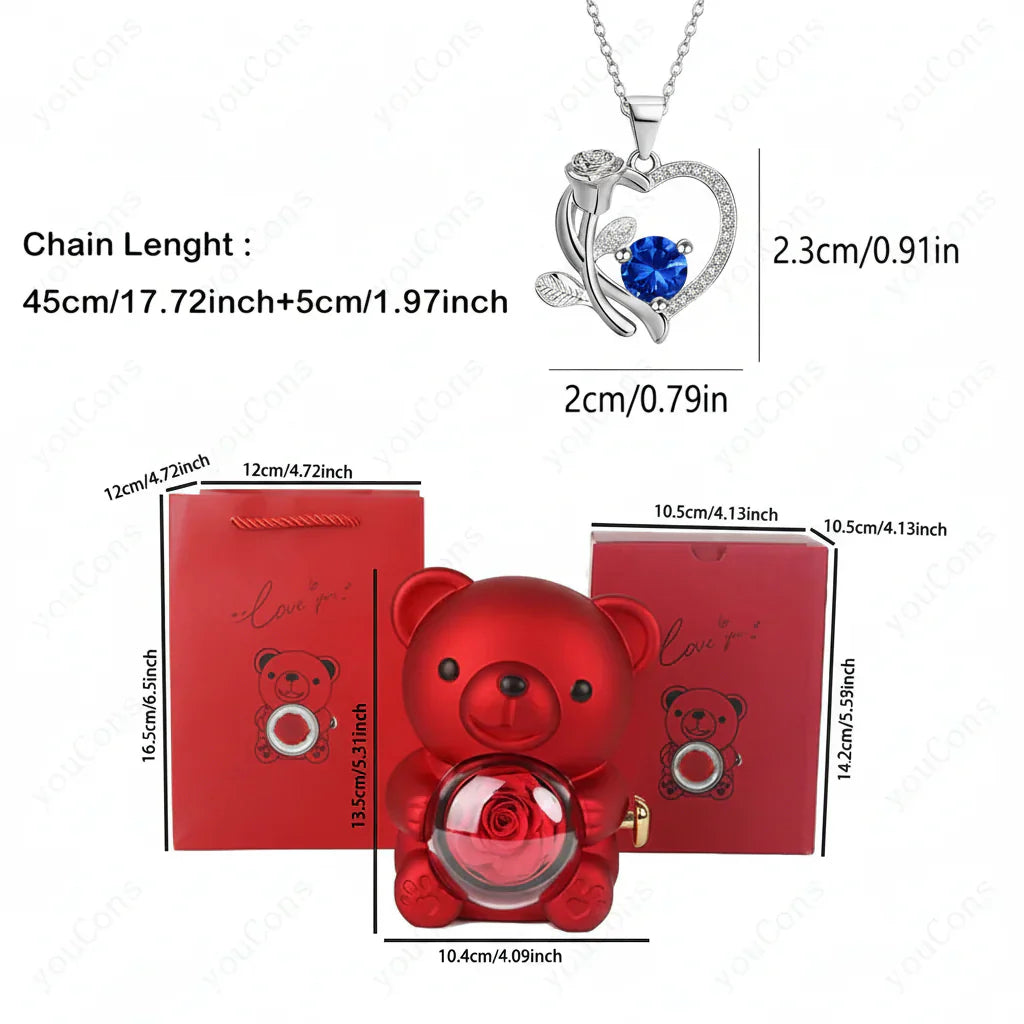 Heart Shaped Pendant Necklace With Zircon Bear Rose Gift Box For Women | Temsk
