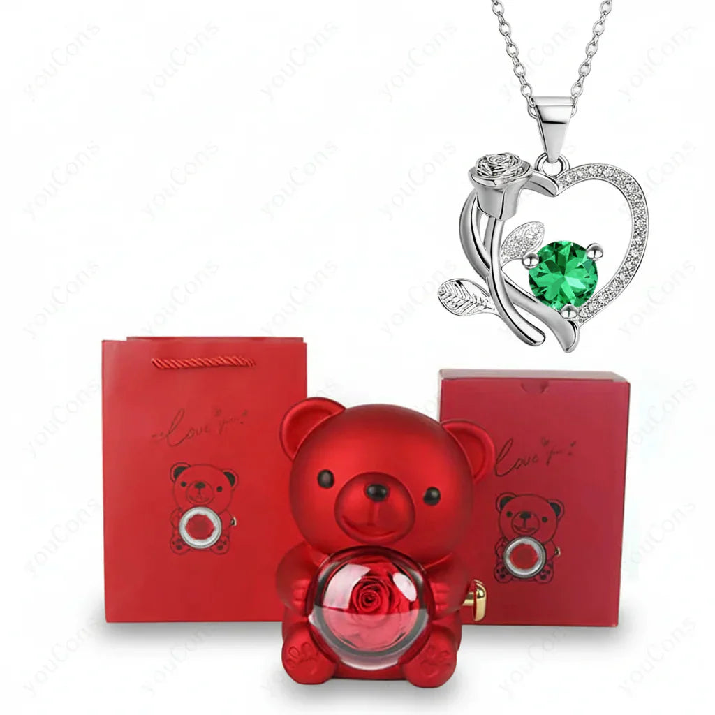 Heart Shaped Pendant Necklace With Zircon Bear Rose Gift Box For Women | Temsk