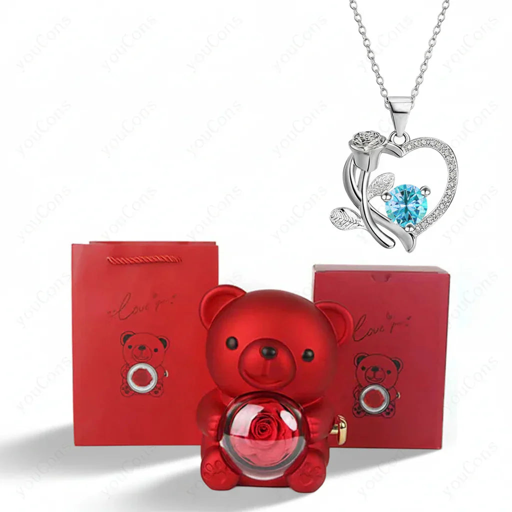 Heart Shaped Pendant Necklace With Zircon Bear Rose Gift Box For Women | Temsk