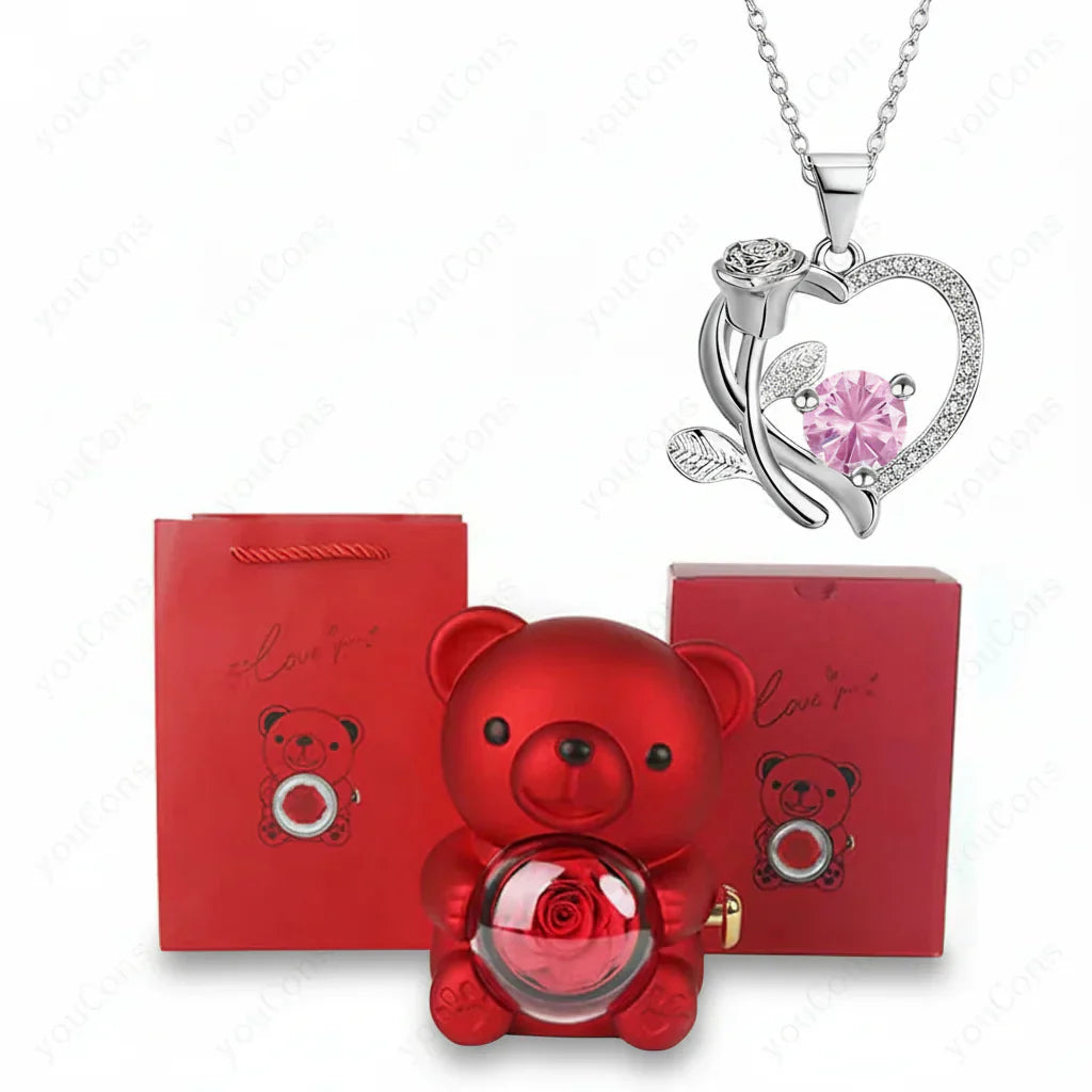 Heart Shaped Pendant Necklace With Zircon Bear Rose Gift Box For Women | Temsk