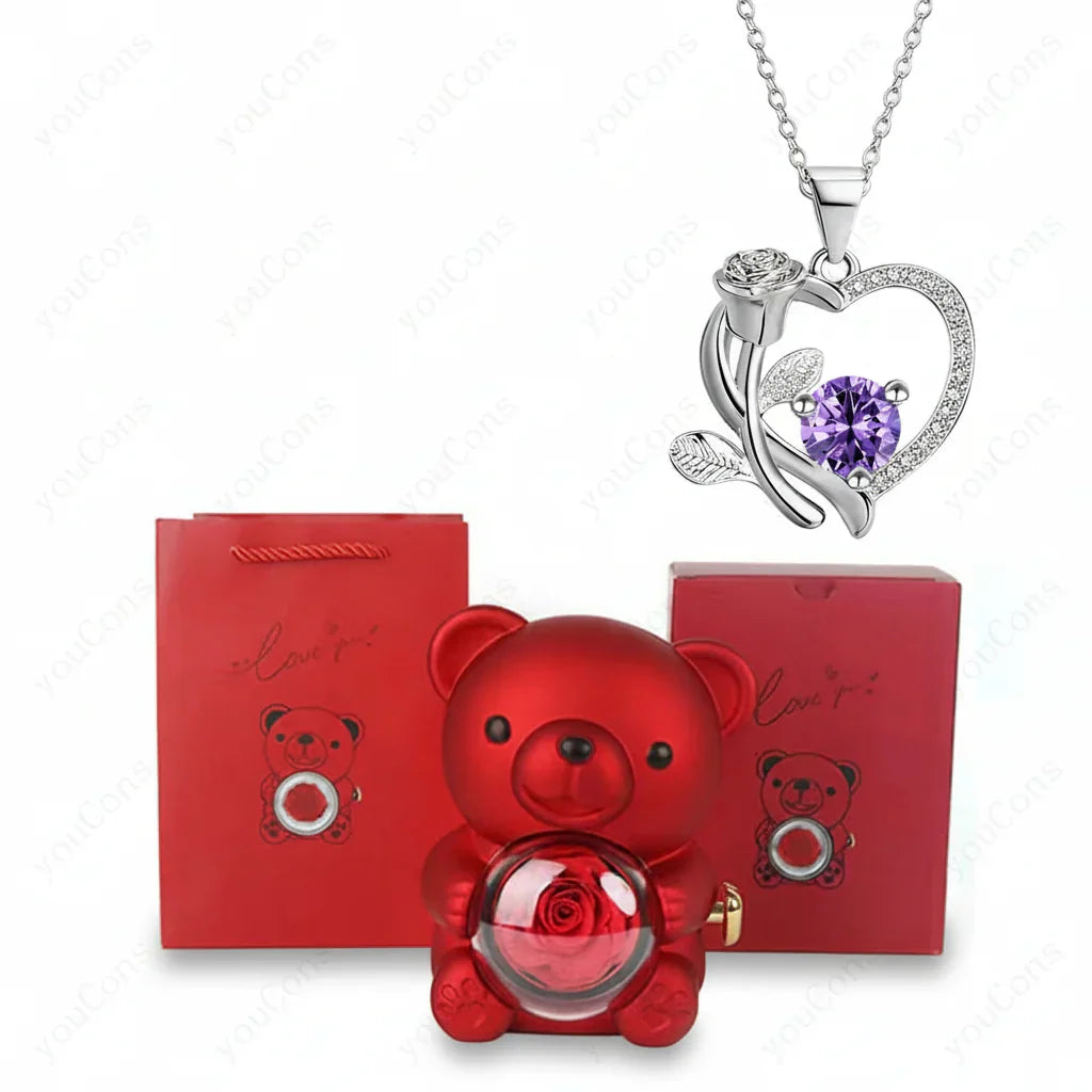 Heart Shaped Pendant Necklace With Zircon Bear Rose Gift Box For Women | Temsk