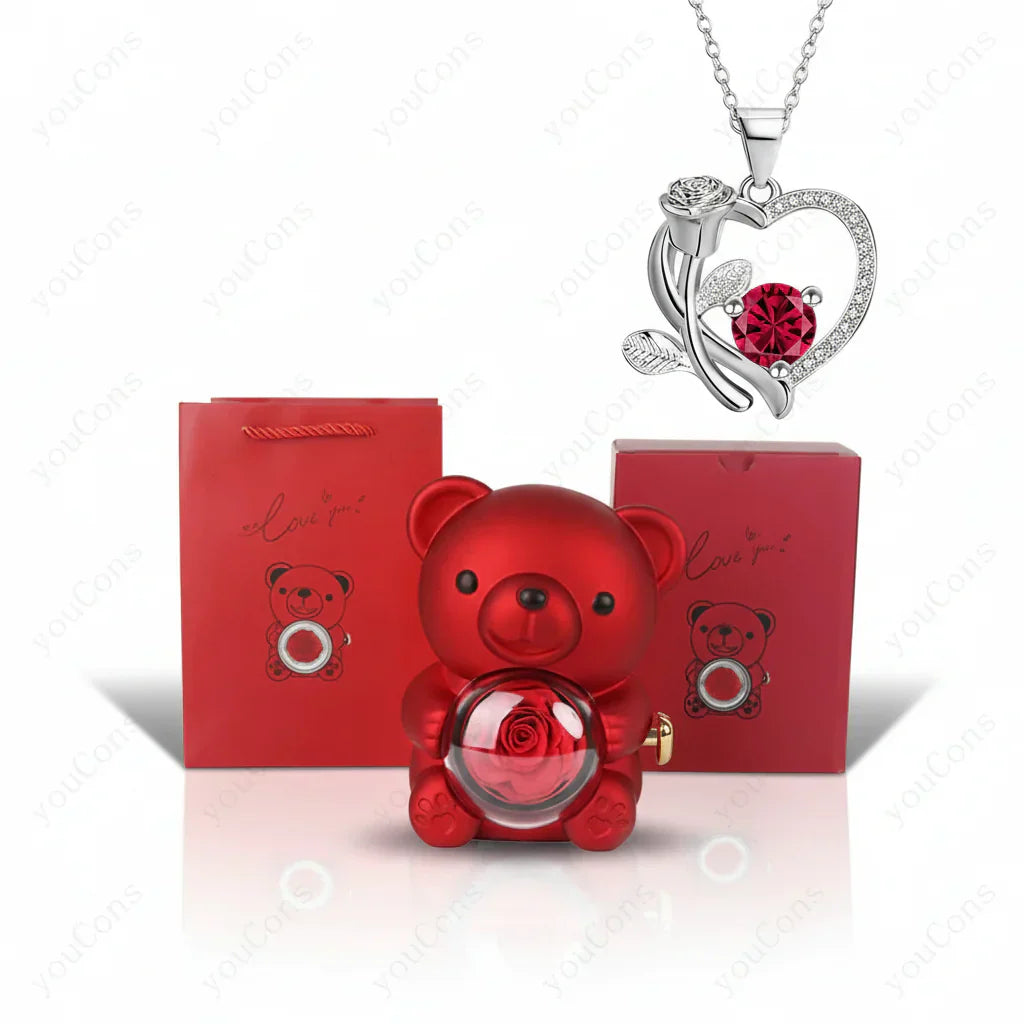 Heart Shaped Pendant Necklace With Zircon Bear Rose Gift Box For Women | Temsk