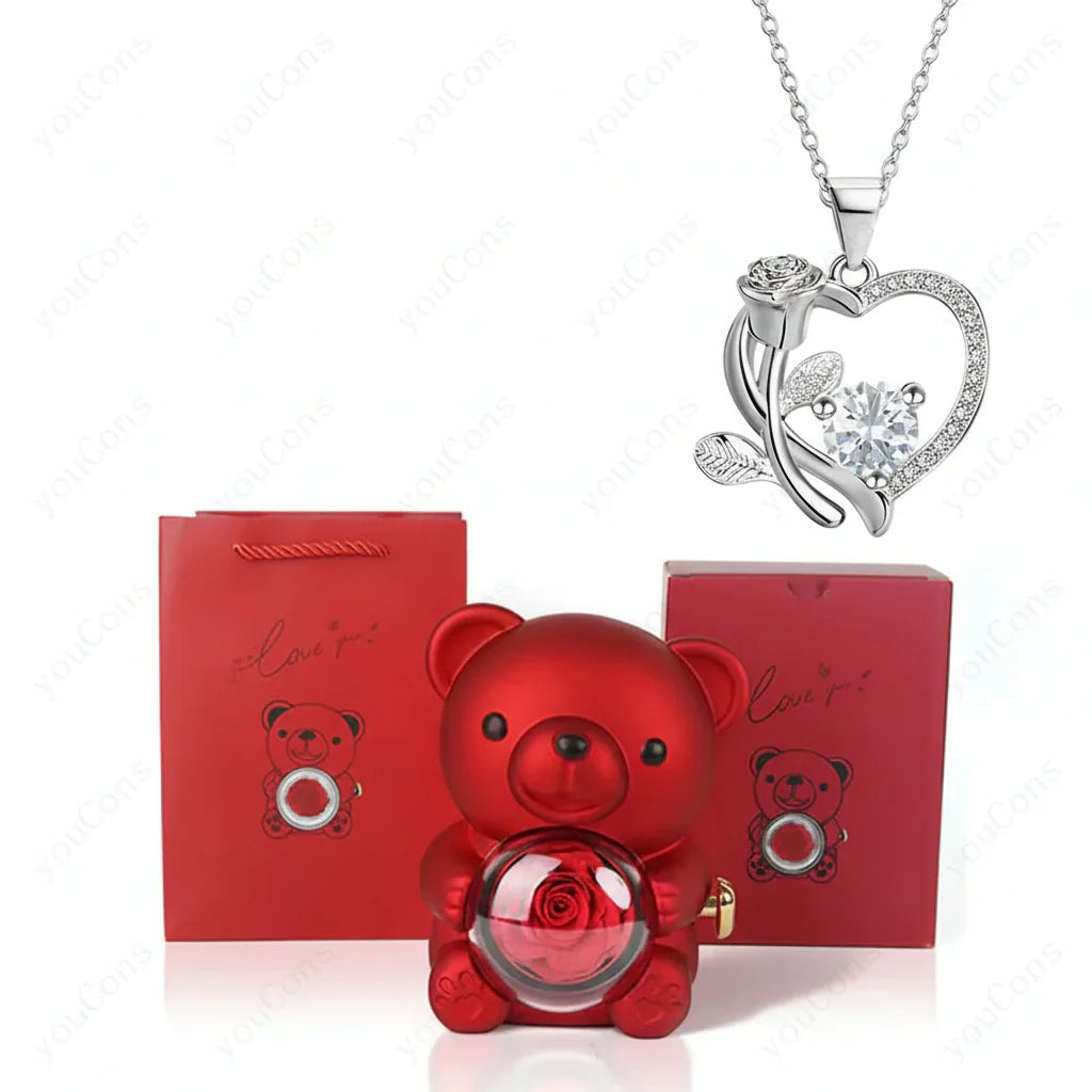 Heart Shaped Pendant Necklace With Zircon Bear Rose Gift Box For Women | Temsk