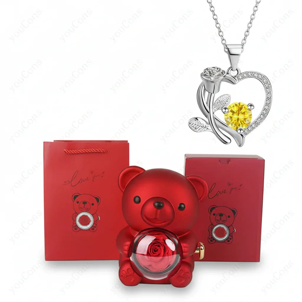 Heart Shaped Pendant Necklace With Zircon Bear Rose Gift Box For Women | Temsk