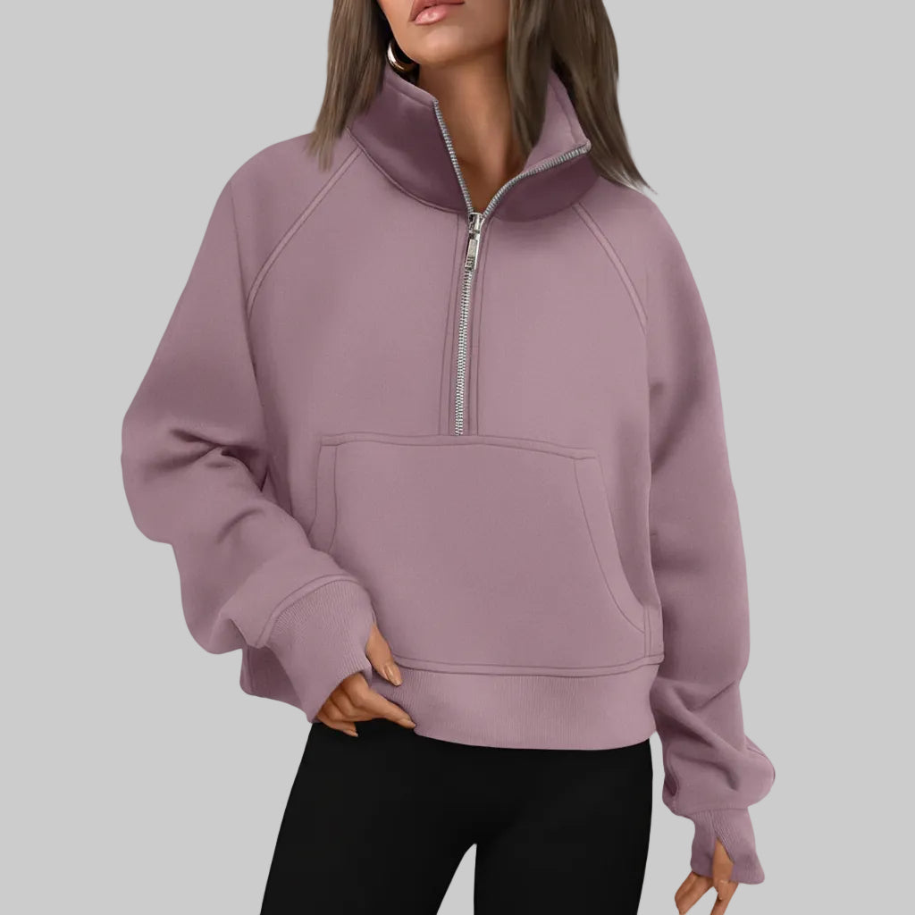 Kvinders cropped fleece-sweatshirt med halv lynlås til daglig varme | Temsk