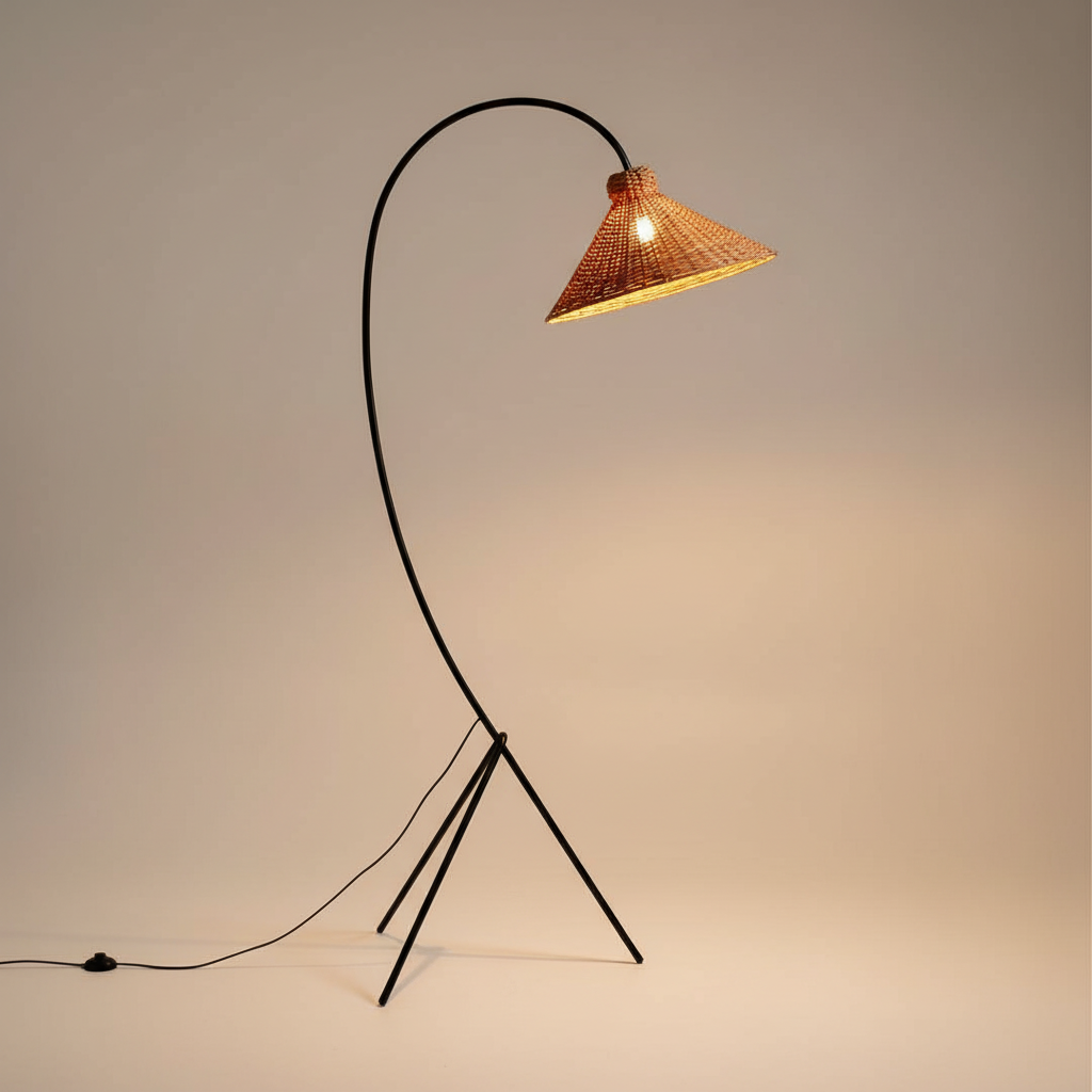 LumaRattan Stylish Airy Arc Tripod Floor Lamp With Cone Shade | Temsk