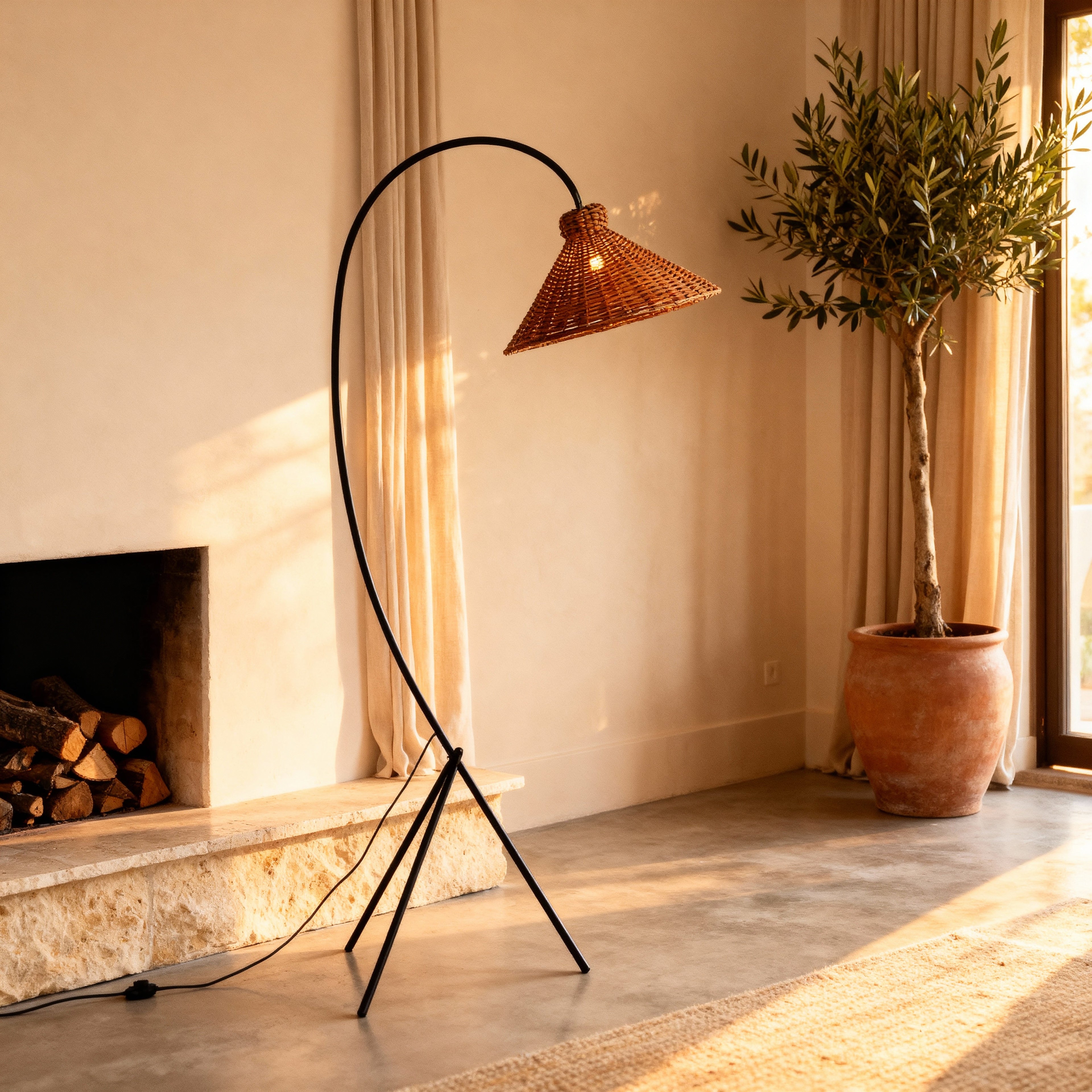 LumaRattan Stylish Airy Arc Tripod Floor Lamp With Cone Shade | Temsk