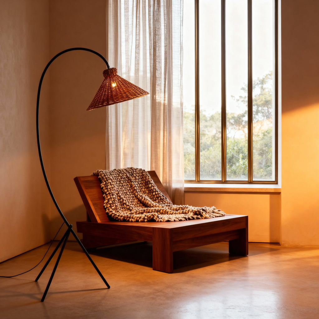 LumaRattan Stylish Airy Arc Tripod Floor Lamp With Cone Shade | Temsk
