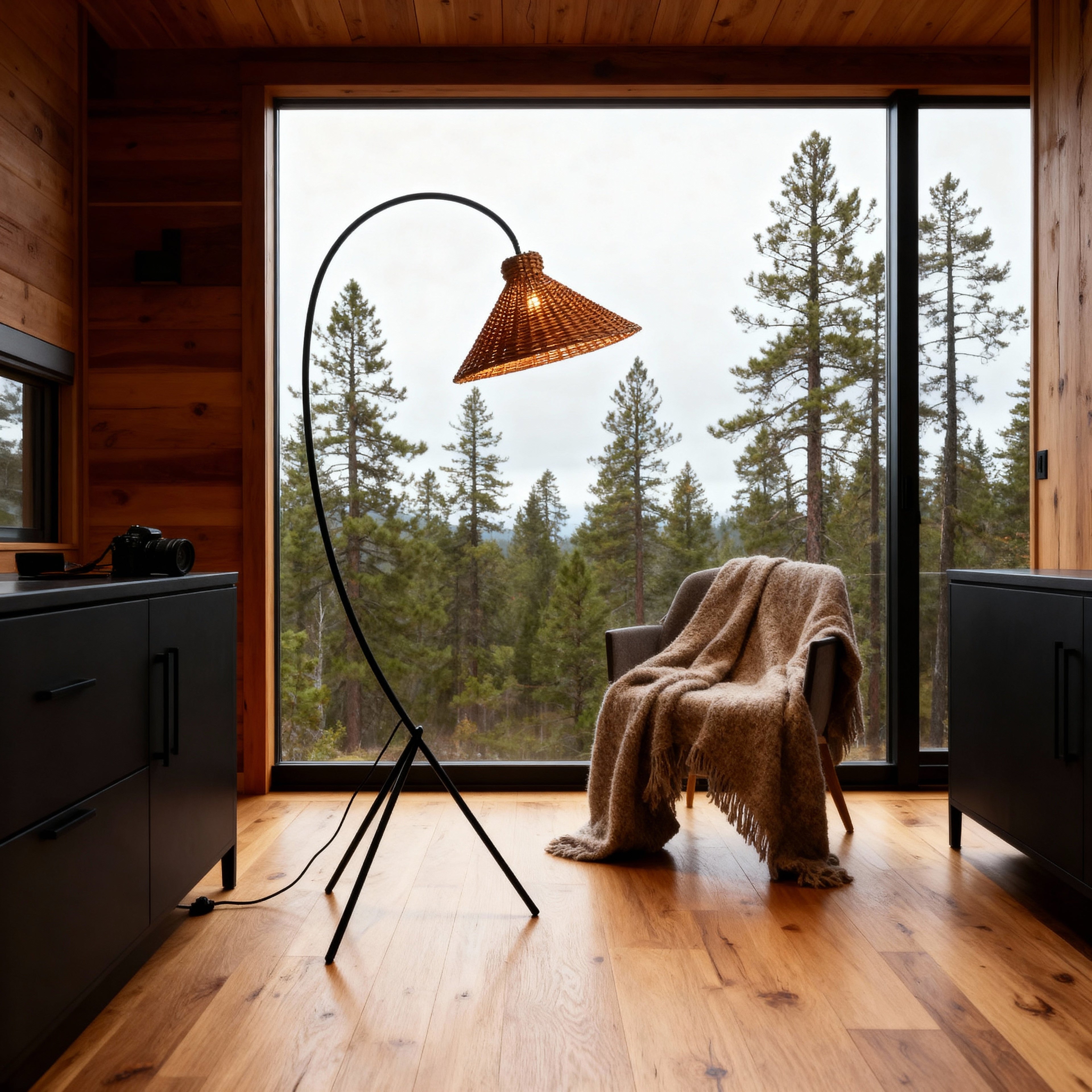 LumaRattan Stylish Airy Arc Tripod Floor Lamp With Cone Shade | Temsk