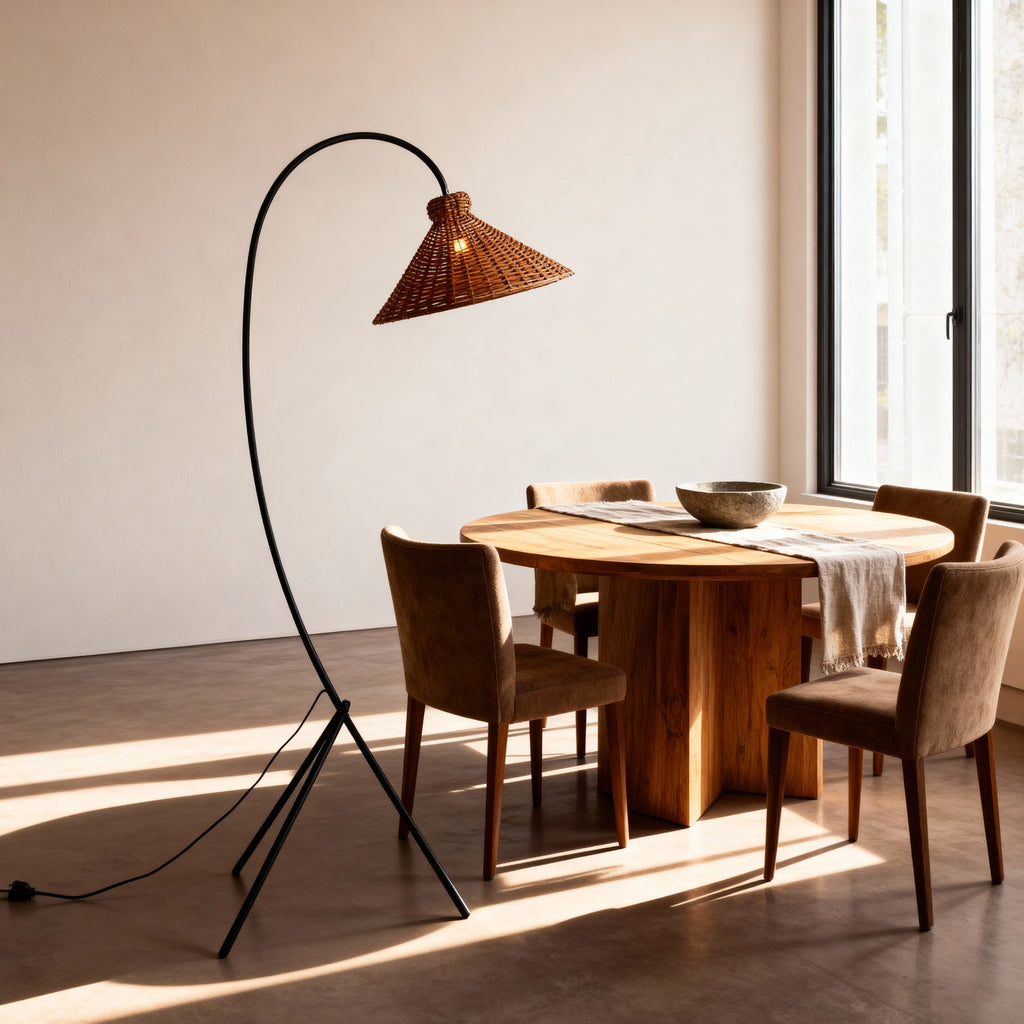 LumaRattan Stylish Airy Arc Tripod Floor Lamp With Cone Shade | Temsk
