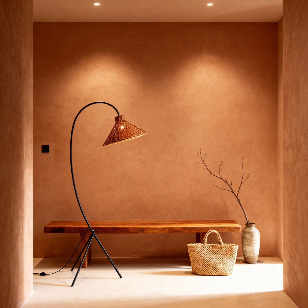 LumaRattan Stylish Airy Arc Tripod Floor Lamp With Cone Shade | Temsk