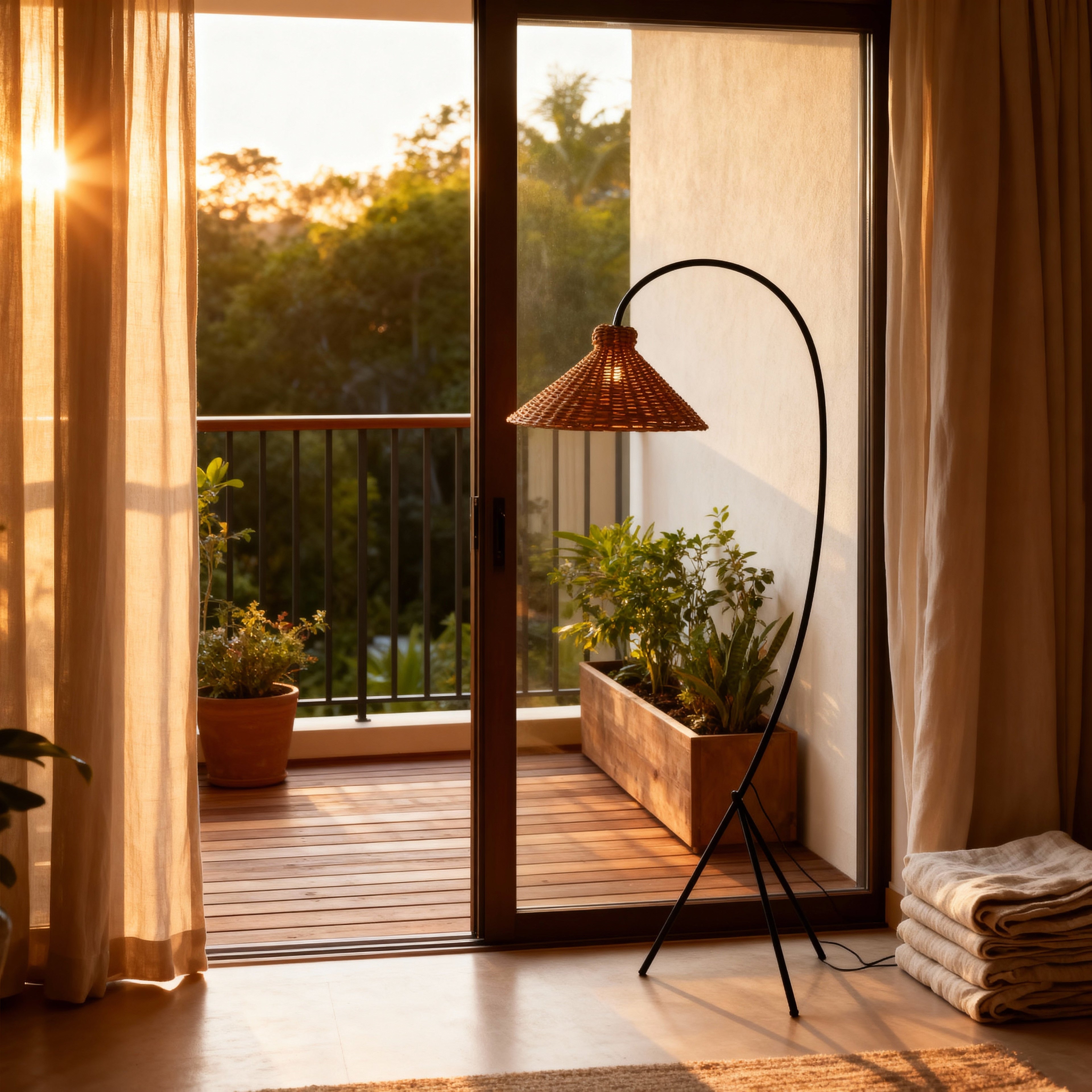 LumaRattan Stylish Airy Arc Tripod Floor Lamp With Cone Shade | Temsk