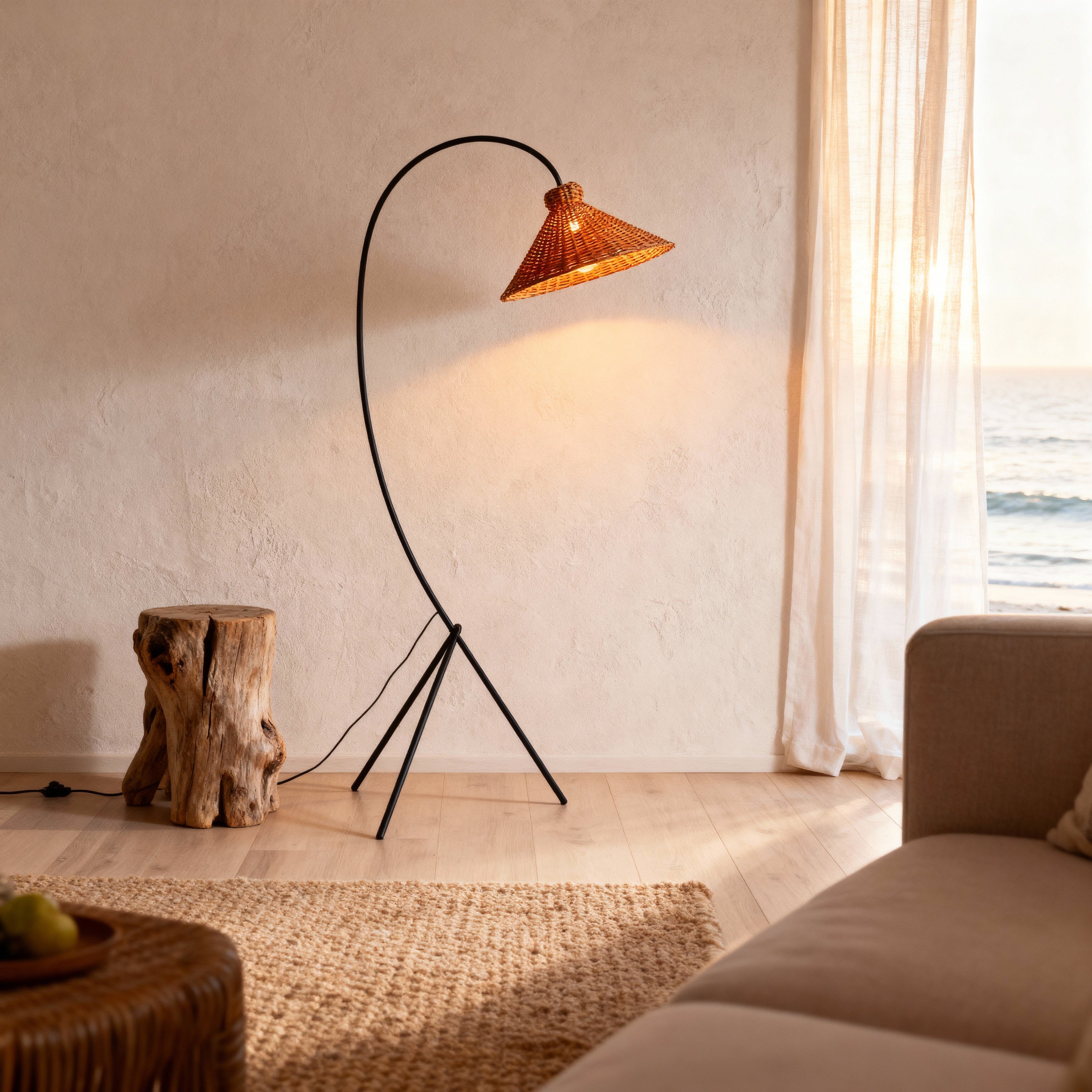 LumaRattan Stylish Airy Arc Tripod Floor Lamp With Cone Shade | Temsk