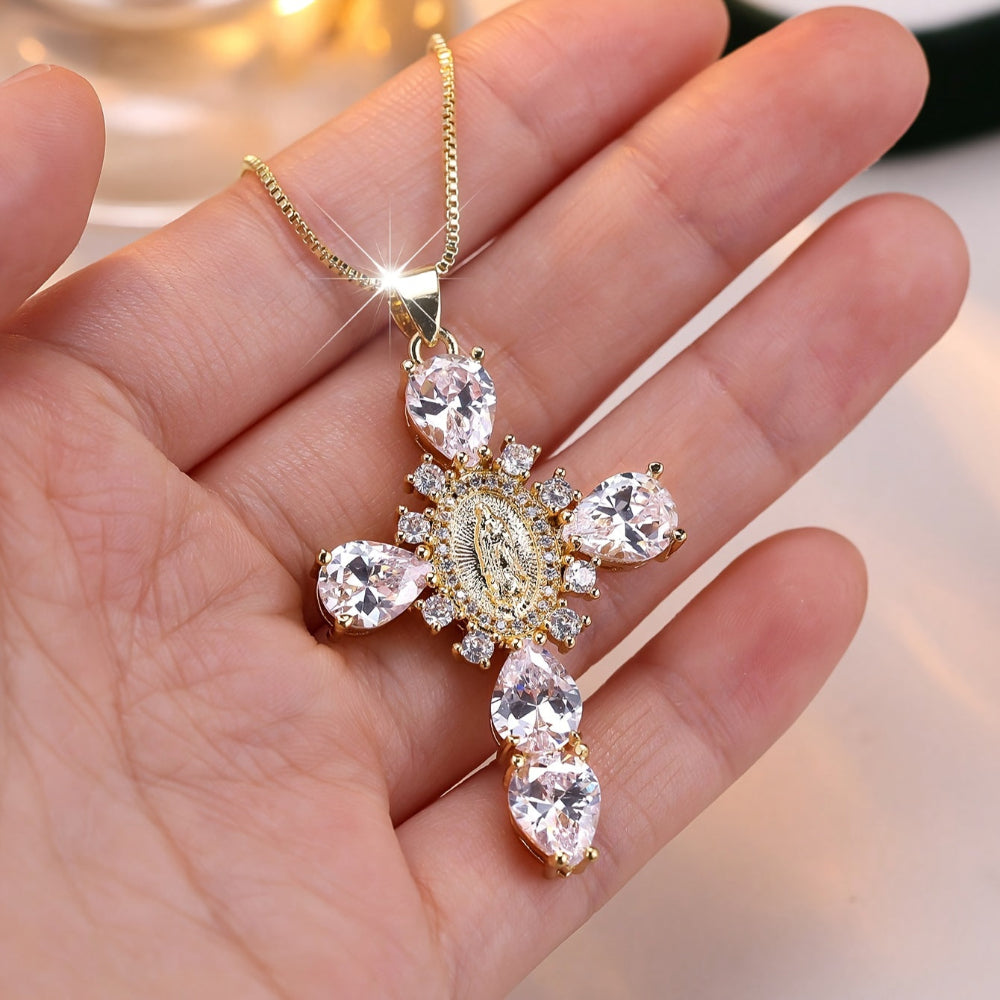 Gold Cross Necklace With Cubic Zirconia For Mother's Day Gift | Temsk