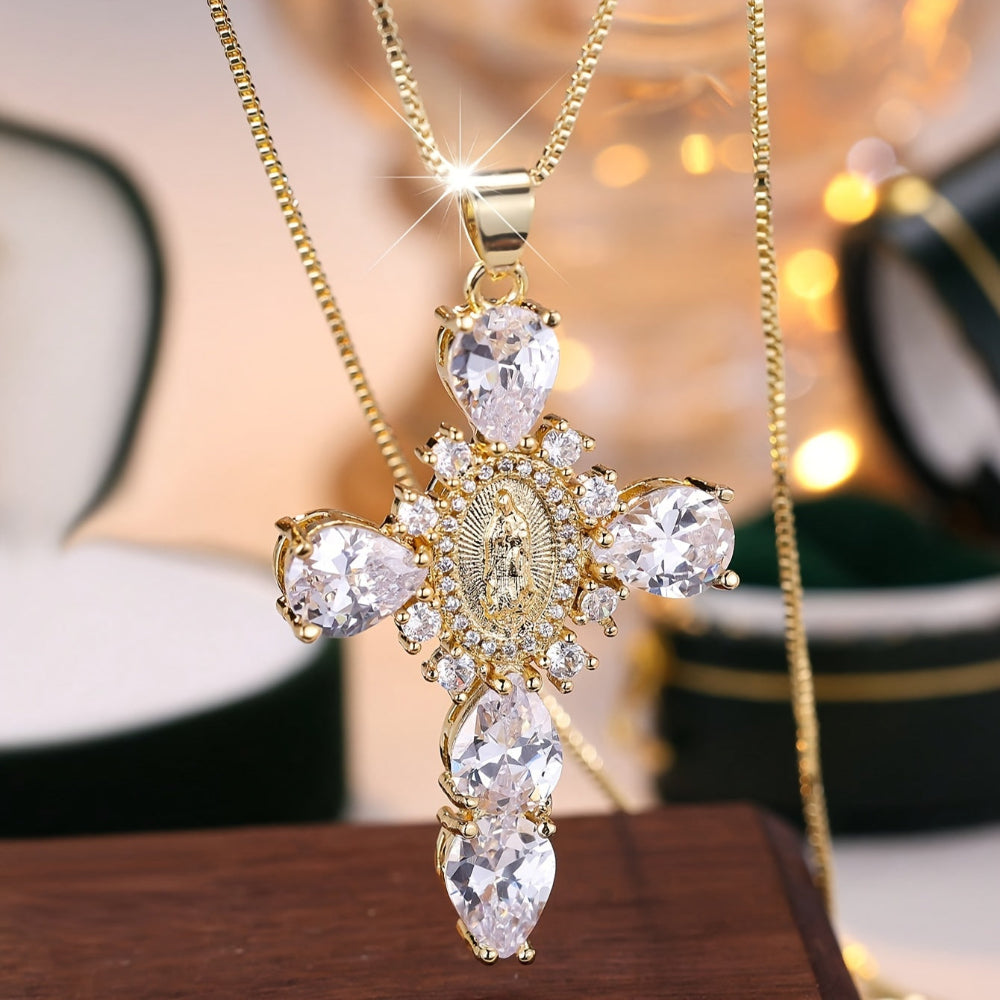Gold Cross Necklace With Cubic Zirconia For Mother's Day Gift | Temsk