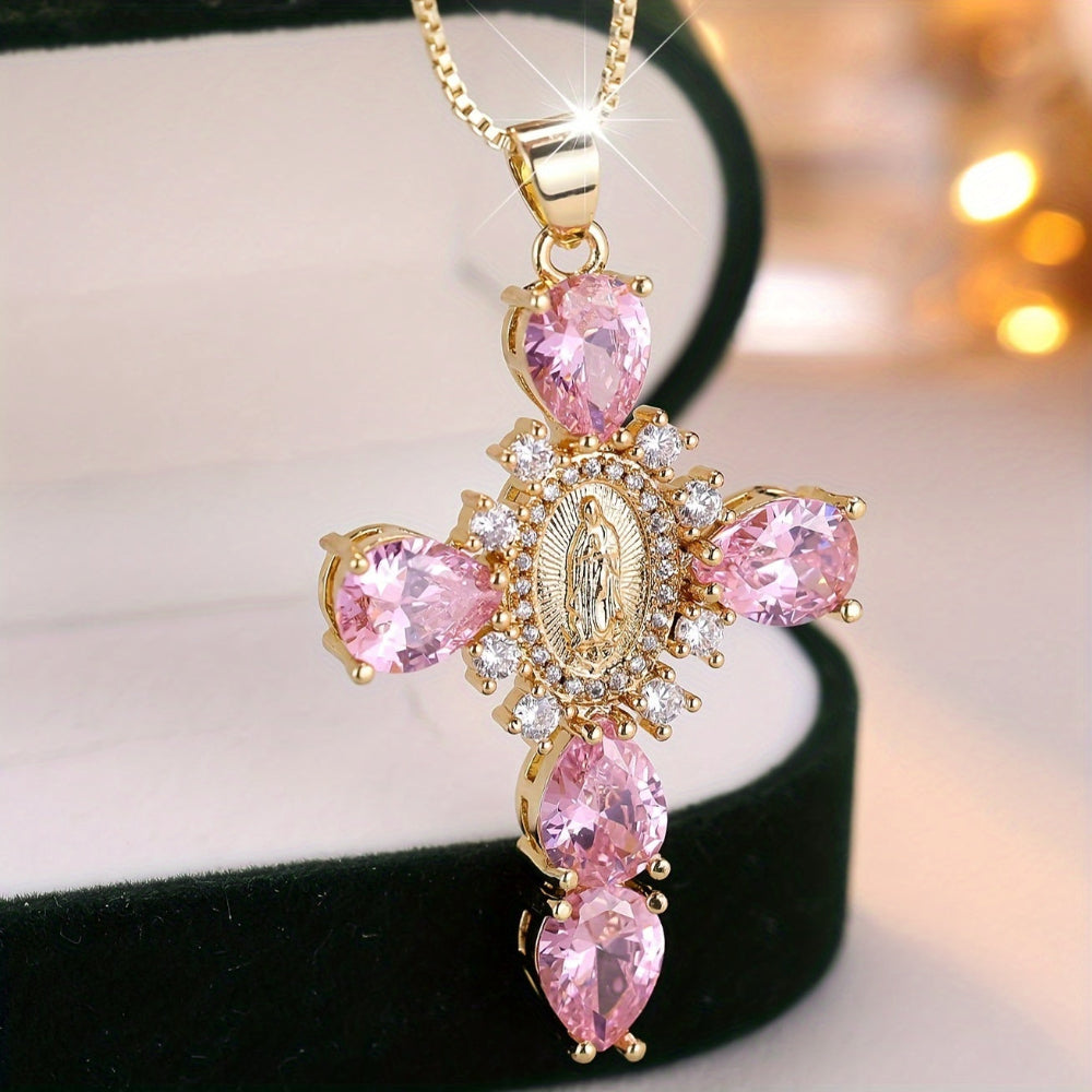 Gold Cross Necklace With Cubic Zirconia For Mother's Day Gift | Temsk