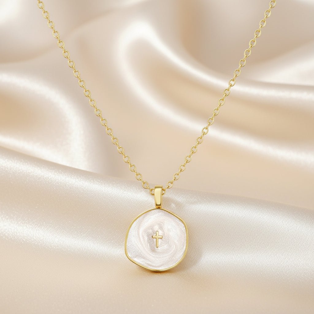 Cross Pendant Necklace With Gold Disc Dainty Jewelry For Mother's Day | Temsk