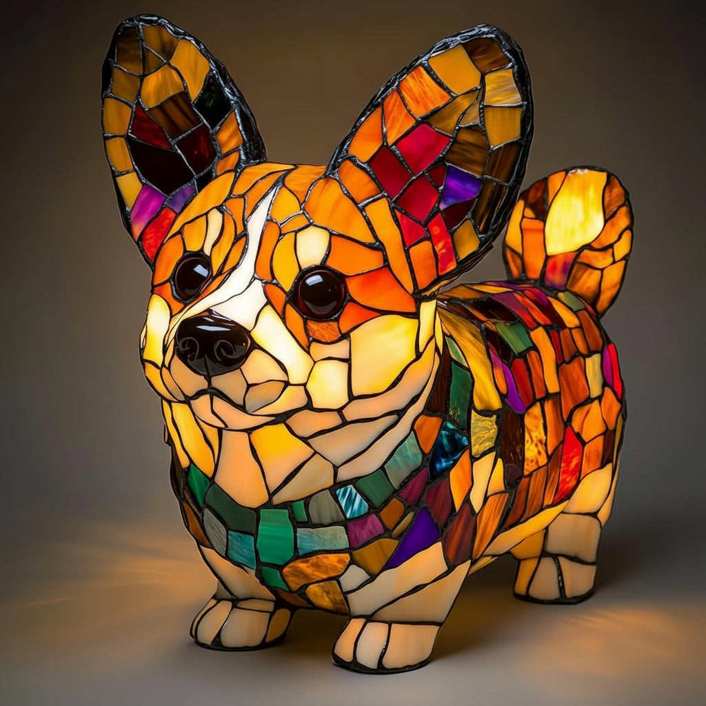 Stained Glass Dog Figurine LED Night Light Table Lamp For Bedroom | Temsk