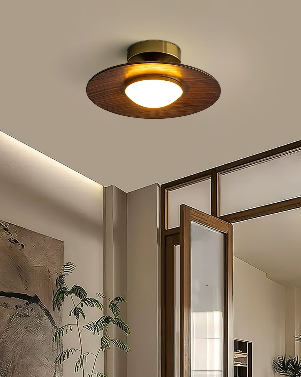 Round LED Ceiling Light With Wood-Look Finish And Gold Frame, 24cm | Temsk