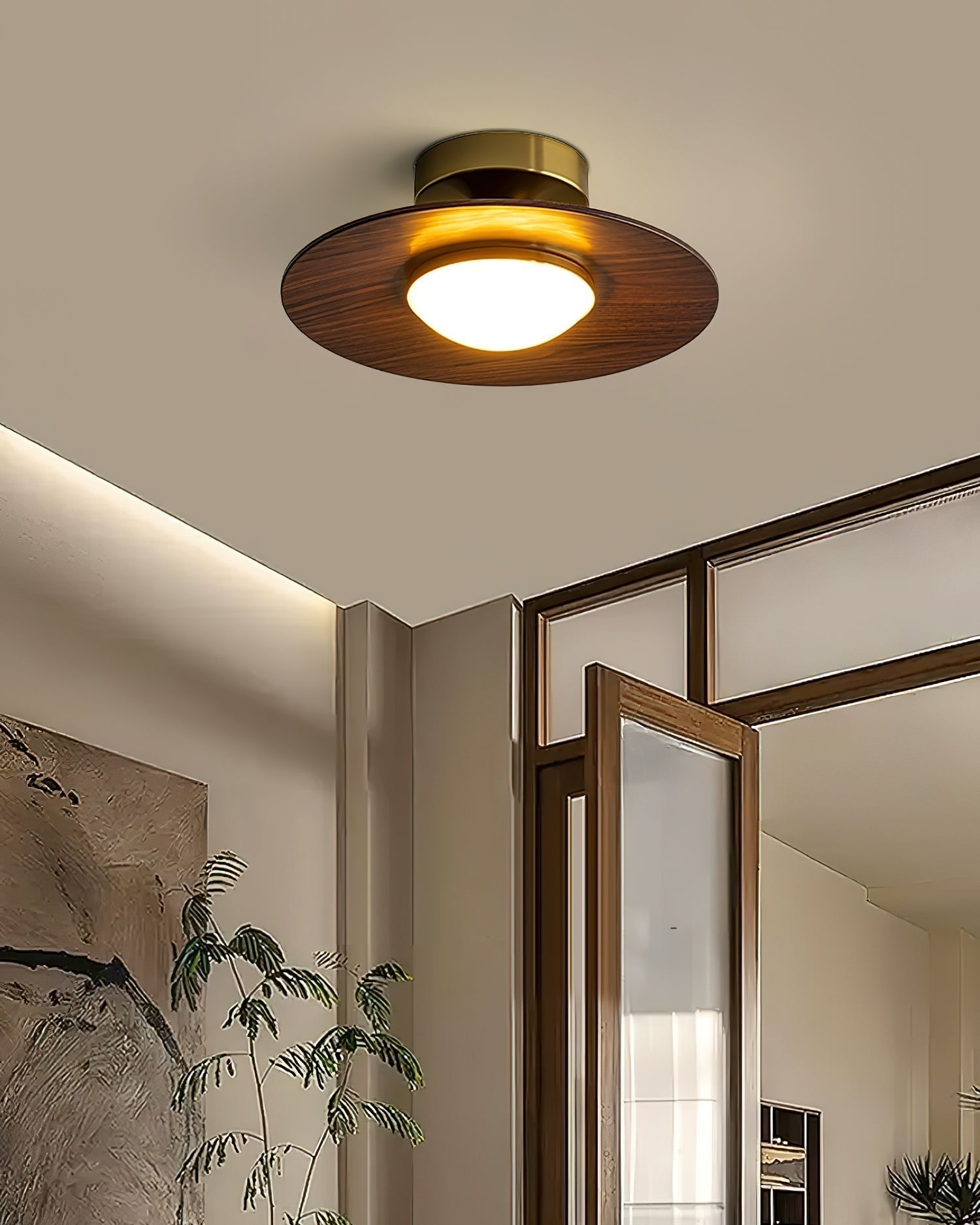 Round LED Ceiling Light With Wood-Look Finish And Gold Frame, 24cm | Temsk
