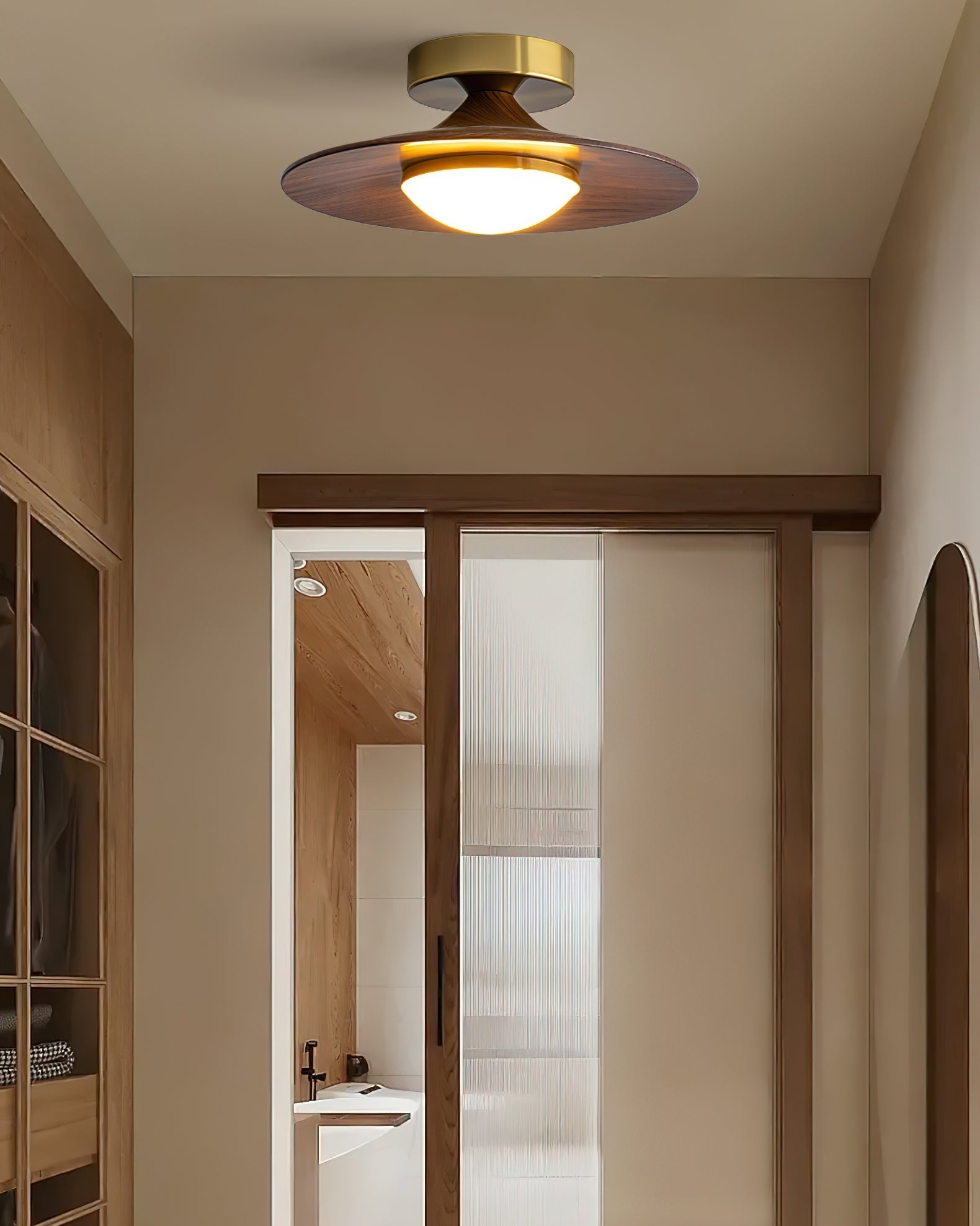 Round LED Ceiling Light With Wood-Look Finish And Gold Frame, 24cm | Temsk