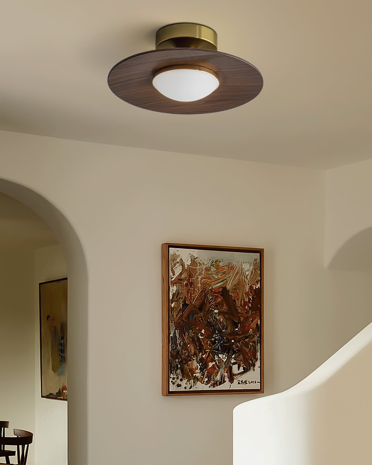 Round LED Ceiling Light With Wood-Look Finish And Gold Frame, 24cm | Temsk