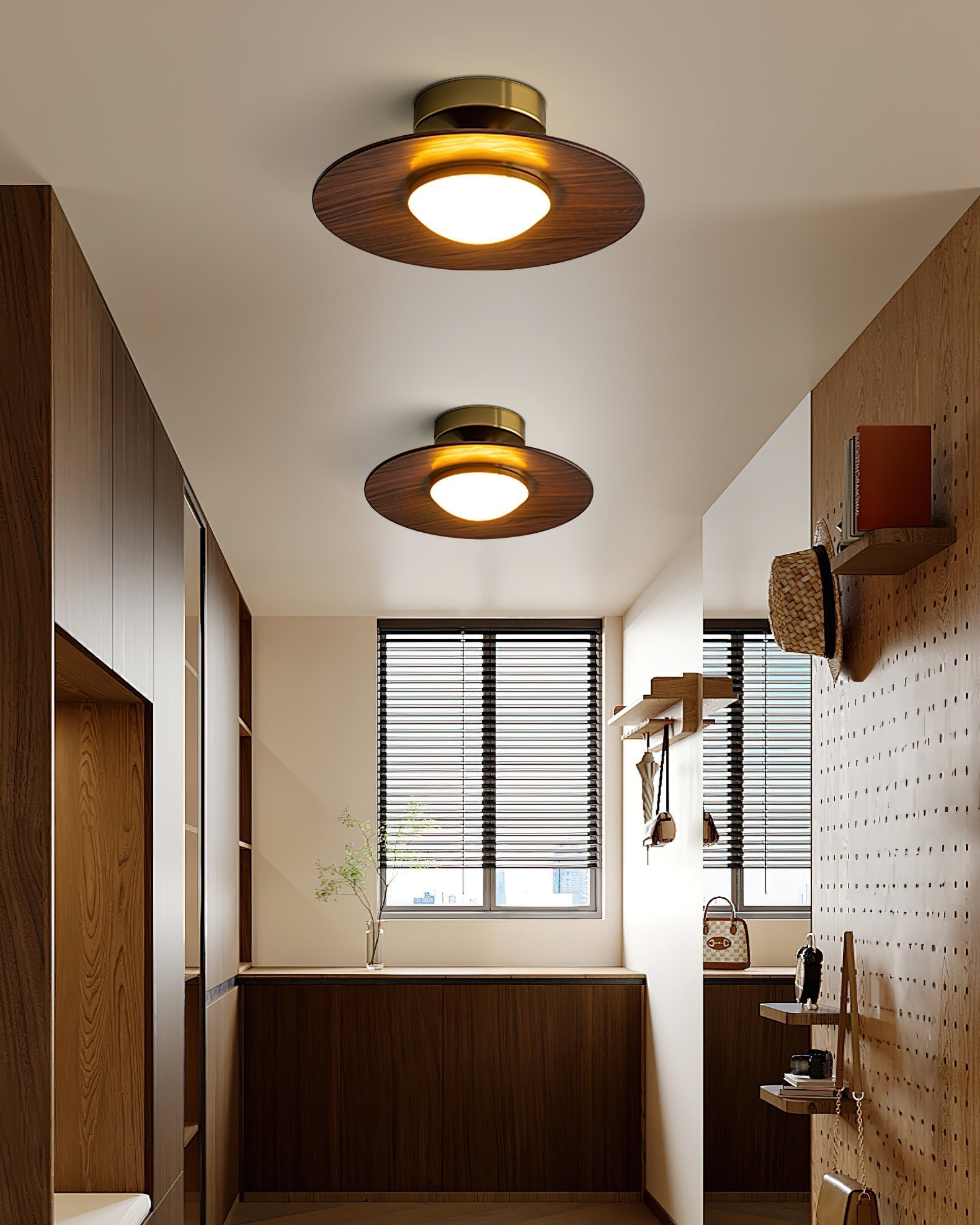 Round LED Ceiling Light With Wood-Look Finish And Gold Frame, 24cm | Temsk