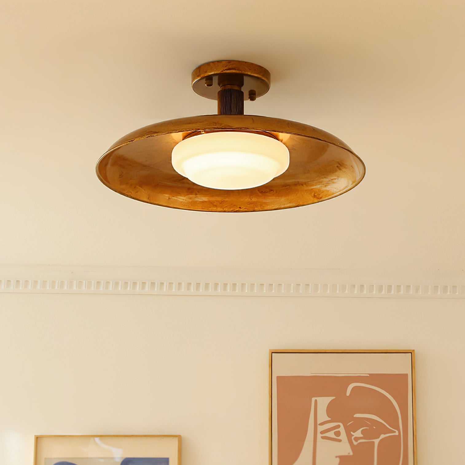 Ceiling Light With Hand-Blown Glass Shade And Textured Metal Rosette, Warm Ambient Glow | Temsk