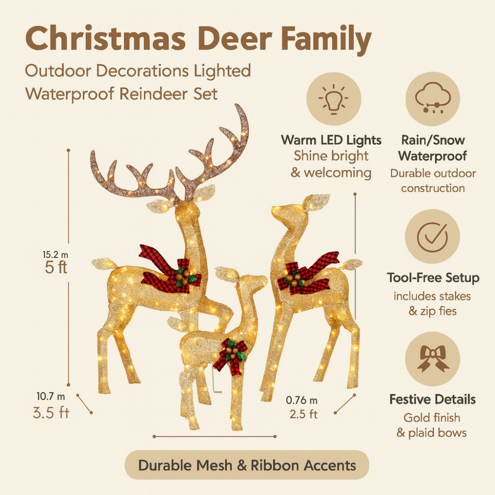 Outdoor Christmas Reindeer Family Display With Lights For Yard | Temsk