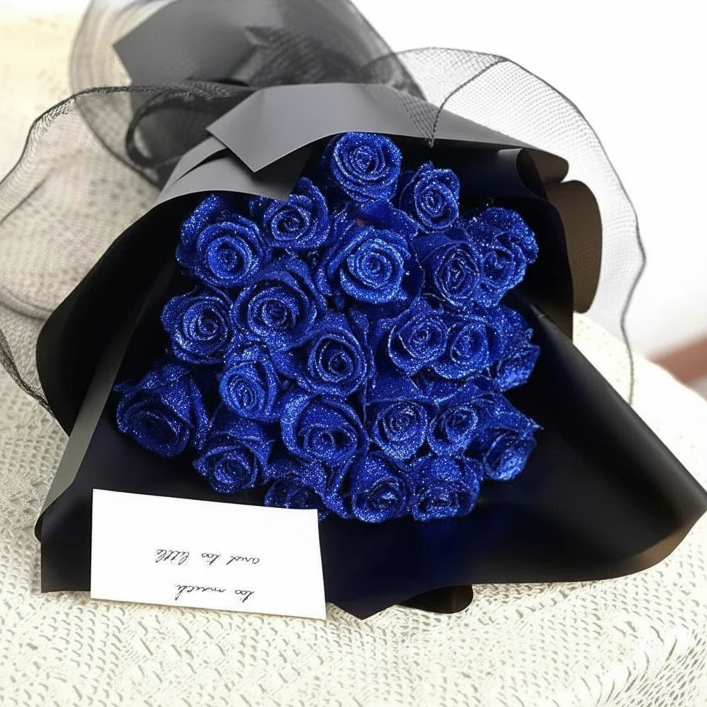 Blaue Glitzer-Rose künstlicher Blumenstrauß als Geschenk für besondere Anlässe | Temsk