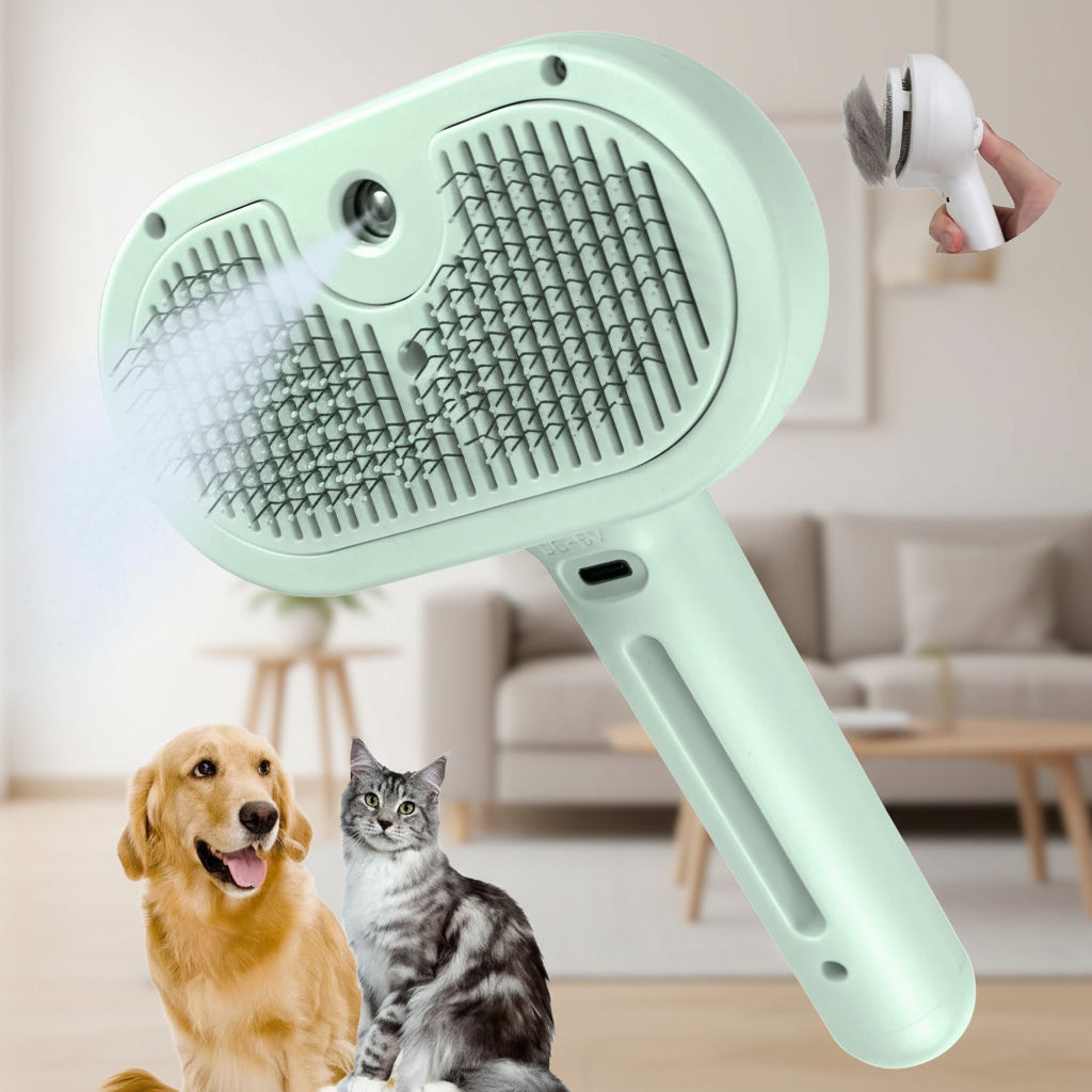 Self-Cleaning Grooming Brush For Pets With Silicone Massage Bristles And Spray | Temsk