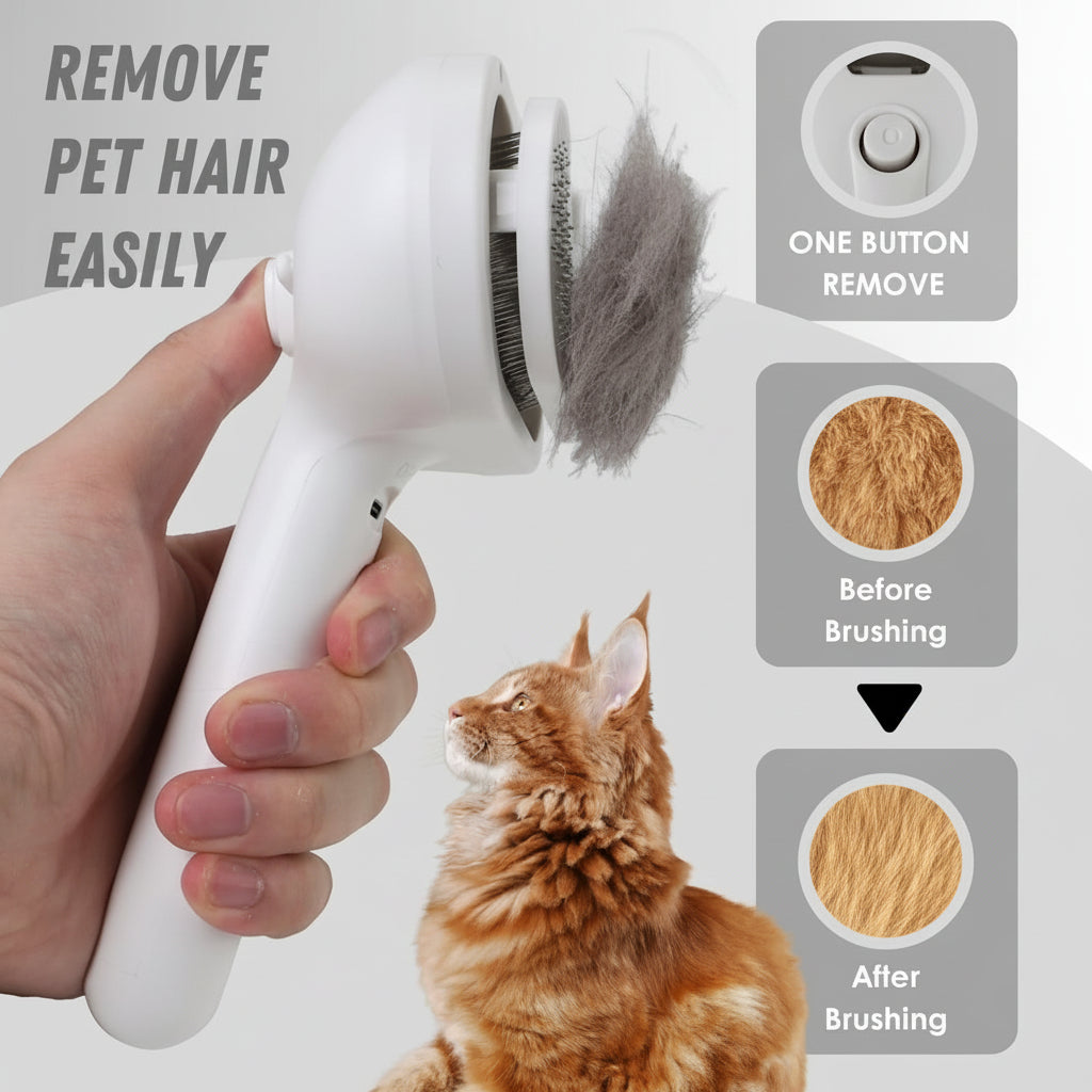 Self-Cleaning Grooming Brush For Pets With Silicone Massage Bristles And Spray | Temsk