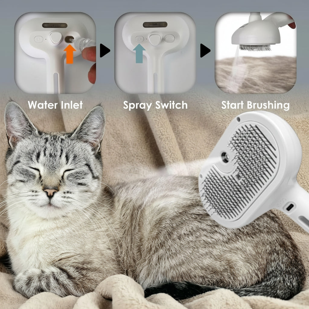 Self-Cleaning Grooming Brush For Pets With Silicone Massage Bristles And Spray | Temsk